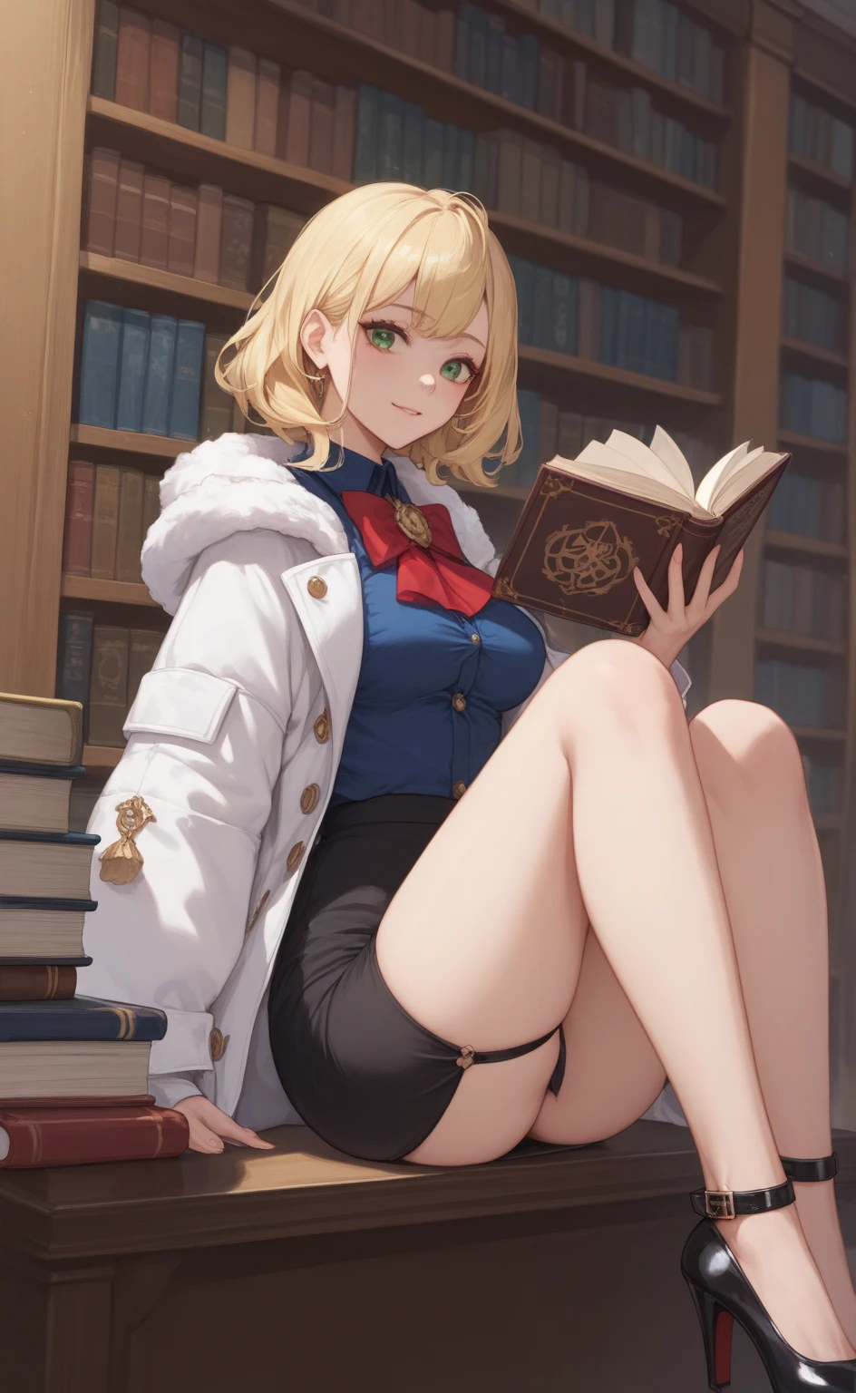 1. Fit girl, blonde hair, normal size breast, memorizing eyes, tight fit clothes, slim body, thick thighs, small short top, white skin, soft body, very short pants
2. Library, reading, sitting on table
3. Good lighting, anime