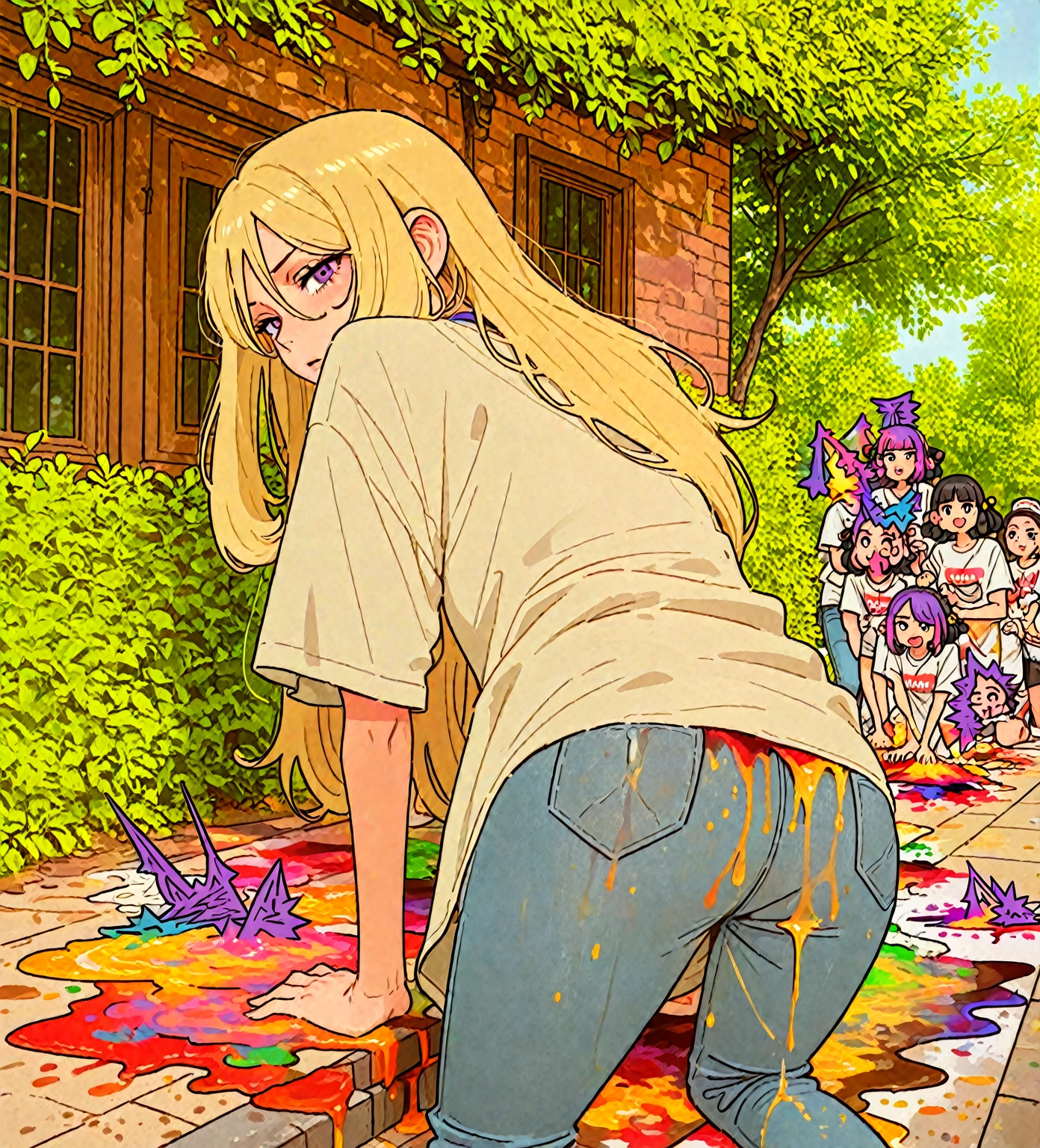 1girl,  11yearold blonde  is wearing a  and is presenting you her  at a crowded bus stop. flat , huge , touching toes. back view