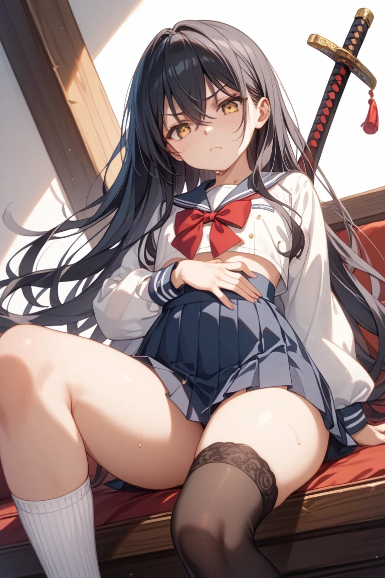 (8k、Best image quality、highest quality、masterpiece)、Detailed face、 One girl、Black Hair、Long Hair、Grey Eyes、evil smile、Small breasts、((serafuku))、Long sleeve、((Navy blue pleated skirt))、((skirt lift))、((pussy:1.3))、Cowboy Shot、Shoot from below、Gym storeroom
