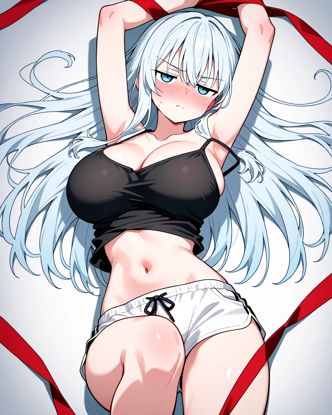 1 girl, underwear, white hair, thigh, white_underwear,, long_hair, breast, White pajamas,unbuttoned pajamas,open income,Umbilical cord,Bare belly,With eyes closed,With eyes closed, In the bedroom, hindquarters, Bangs, Cleavage, blush,Lying in bed,white,,white,Full body female love,arms open,Legs open,