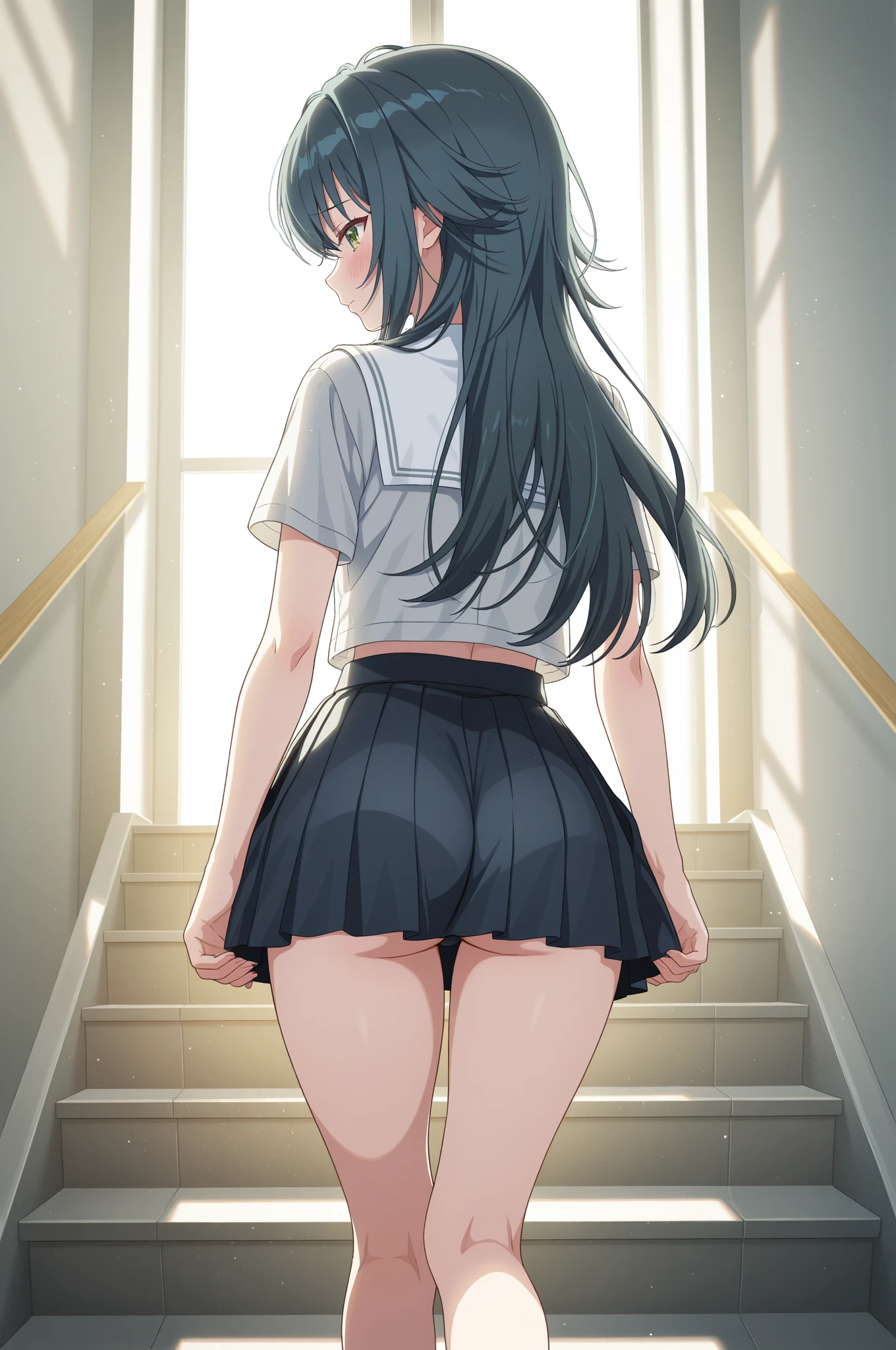 Classroom,school,nightBREAK looking at viewer, BREAK (masterpiece:1.2), best quality, high resolution, unity 8k wallpaper, (illustration:0.8), (beautiful detailed eyes:1.6), extremely detailed face, perfect lighting, extremely detailed CG, (perfect hands, perfect anatomy),Miku Nakano, Miku Nakano Chick III, Long Hair, Bangs, Blue Eyes, Brown hair, Hair between the eyes,medium Breasts,, white blouse,blue skirt,cleavege,neckline,black choker,red stockings, full body,Thin legs,angry face,high waist panties,from behind,upskirt,showing panties