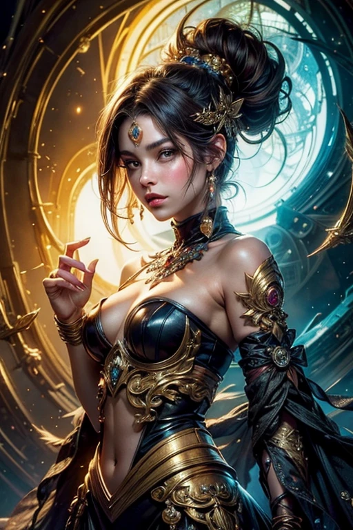 an illustrated character with a manga style. Alicia Keys, a vision of power and grace, dons a sleek romper and wields a gleaming sword with confidence. This scene is captured in a stunning photograph, showcasing her commanding presence and fierce determination. Her radiant skin glows against the metallic sheen of the sword, and her expressive eyes convey both strength and vulnerability. The angles and lighting of the image create a sense of drama and intensity, making it a truly captivating and evocative portrayal of the artist.
