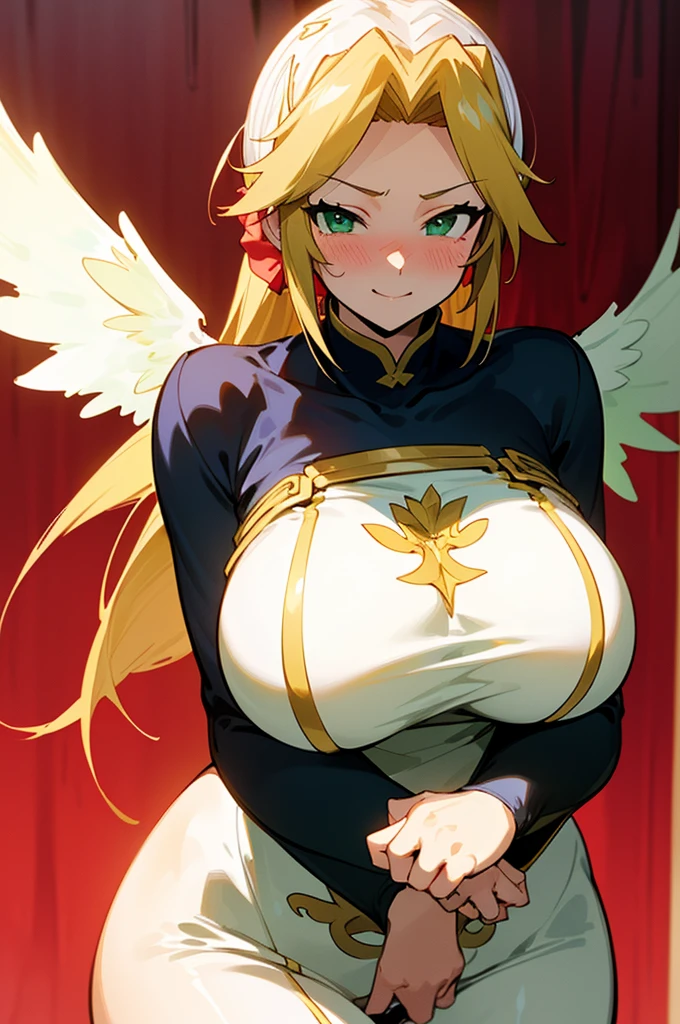 (POV Cowgirl :1), sarielx, god rays, gold armor, underboob, gold skirt, angel wings, head wings, angel, wings, (luxury bedroom background), anime cels style, best quality, high resolution, 1girl, (huge breasts:1.2), beautiful face, cowboy shot, heterochromia, braided ponytail, braided bangs, smiling, looking at viewer