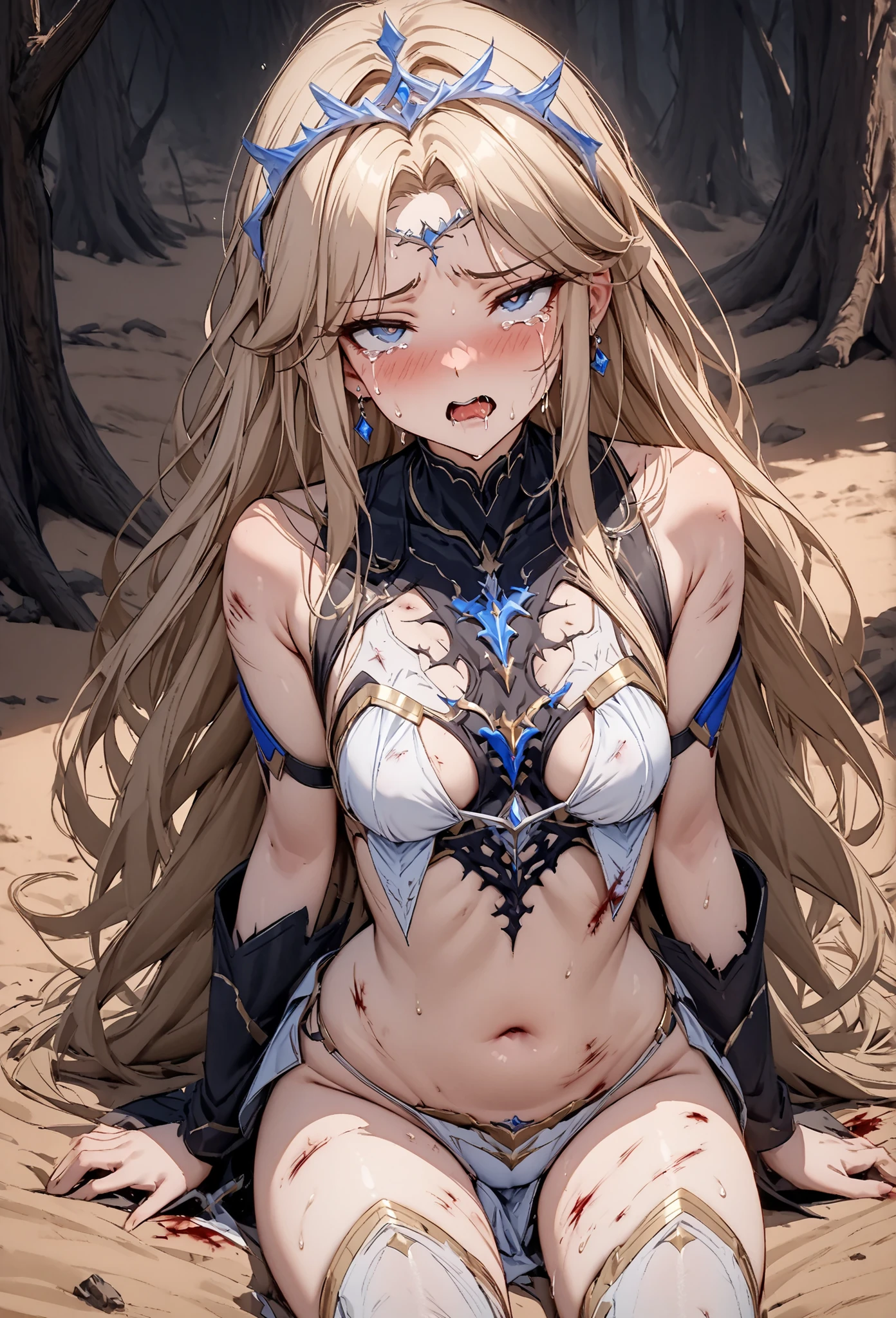 1 girl,long blonde hair,blonde bikini armor,open mouth,large breasts,crying,Exhausted,Tired,sitting,arms up,bound arms,knees up,Devastated land,dead tree,bright overcast sky,