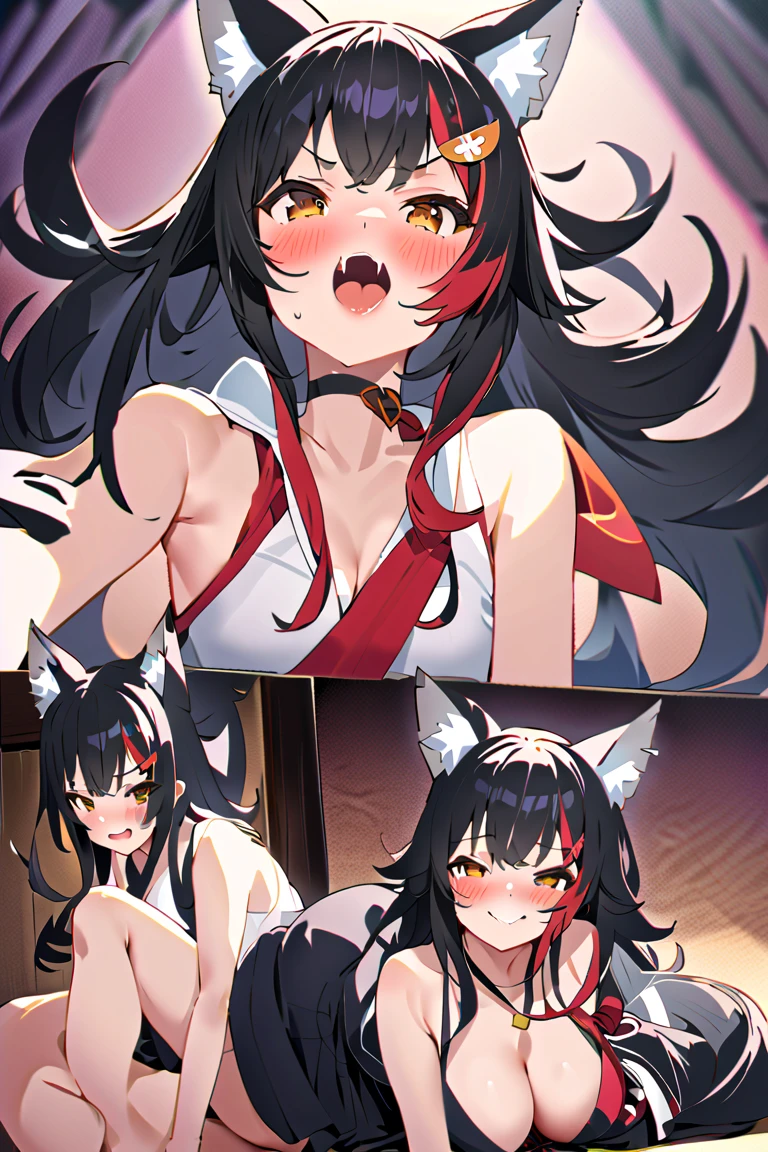 three Cute short, 17 year old female, with long black hair and red eyes, that is 4 foot 8 inches. They has small breasts, face blushing, in room with busty girls. I have fox ears and tail, exposed thighs, wearing a skin tight black siut
