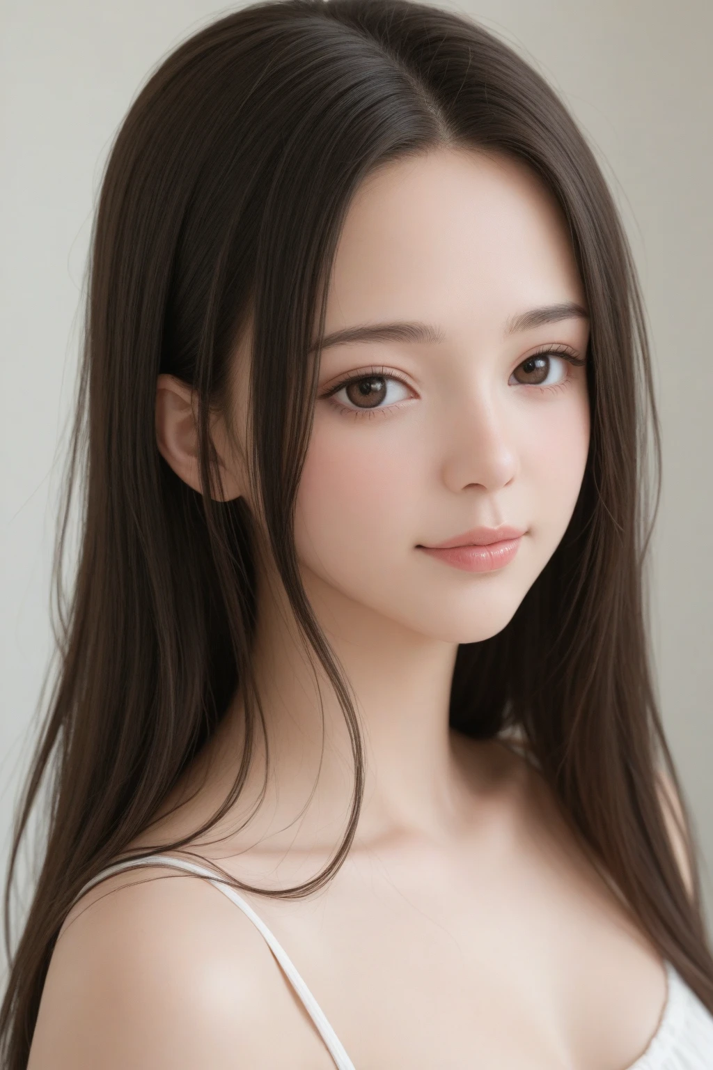 highest quality, realistic, 8K, High resolution, 1 girl, woman, (skin dents), (portrait:0.6), nice, ((white background, naked, small breasts:1.65)), (long brown hair, parted bangs:1.4), looking at the viewer, (1 girl eyes looking at the viewer:1.6), realistic, (Bokeh), (closed mouth, smile:1.3), nice, Pueros face_V1:1,