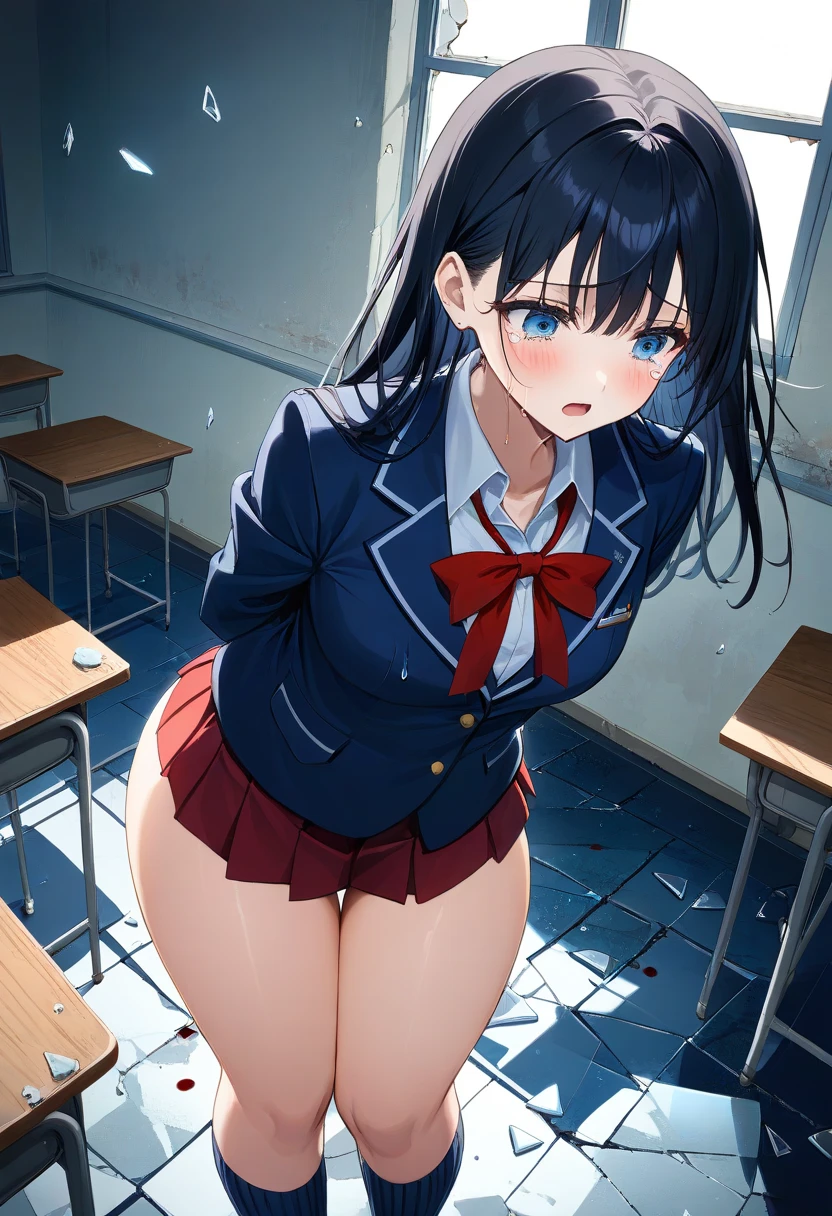 (((masterpiece, Highest quality, High resolution, 超High resolution, Perfect Pixel, Depth of written boundary, 4K, RTTX 10.0))), Beautiful Anime Woman, Beautiful art style, Anime characters, ((Smooth texture, Realistic texture, Anime CG Style)), Exact finger count、Exact number of legs、(Exact number of arms:1.0, Exact number of hands:1.0), (Perfect hands, Perfect Anatomy), Cinematic, Realistic, Extremely detailed CG, Daytime lighting, Perfect lighting, Best Shadow, The best natural light, whole body, Perfect body, Slender body, ((bangs, Dark reddish brown hair, Stylish and cute side ponytail hairstyle), Long Hair), (Detailed face, Cute Face), (A grown woman standing with her own hand lifting up her skirt:1.7), (Fashionable white shirt, Sailor suit, Navy blue sailor collar, Navy blue knee socks, loafers, Navy pleated mini skirt:1.3)、Angle from the front, ((セクシーなBlue panties:1.3), (Glossy satin panties, Side-tie lace panties:1.3), (Blue panties:1.3)), (Beautiful big boobs), (The chest area of the shirt is tight:1.2), (Beautiful and thin thighs:1.3), Feeling embarrassed, (blush:1.2), (Very embarrassed look:1.5), (School classroom, Desk and chair, Many male students in the background, The male students are chatting.:1.4)
