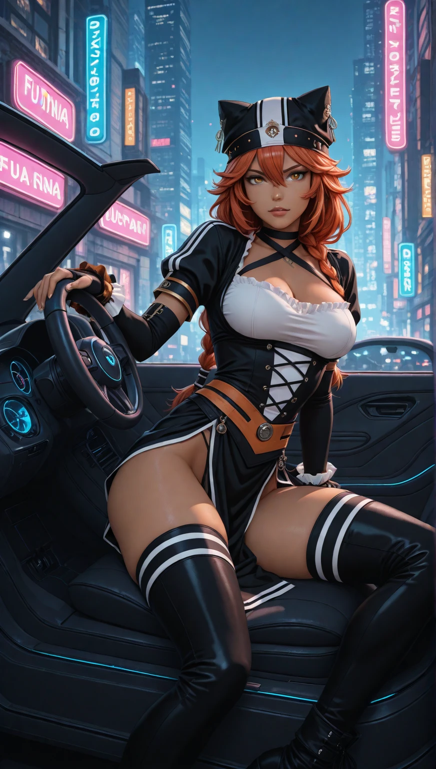 Sunset shimmer as a sexy highway patrol officer, reflective sunglasses, cleavage, spread legs, sultry pose, patrol car