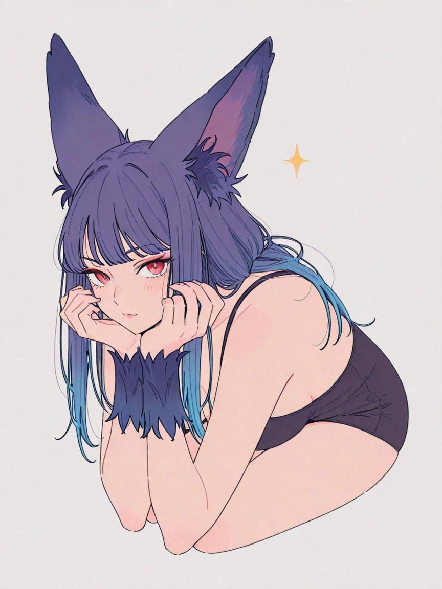 nsfw,1girl, frederica bernkastel, bangs, blue bow, blue hair, blunt bangs, bow, breast hold,  cat tail, crossed arms, long hair, purple eyeackground, solo, tail bow, tail ornament, tail raised, tail ribbon,naked