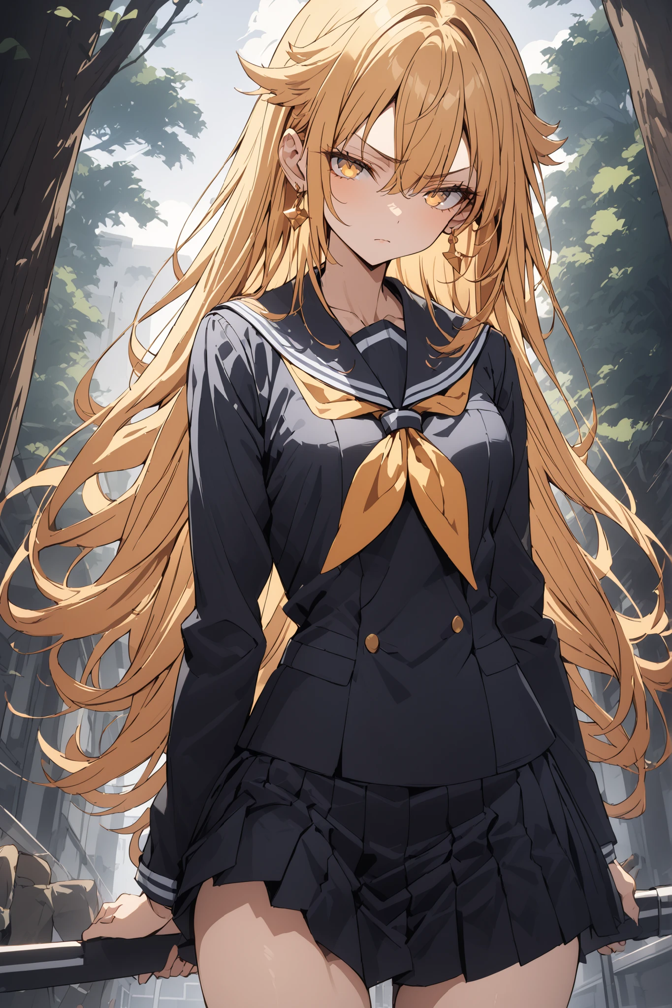 ((Ultimate Masterpiece,top quality:1.2)),(soro),A cool woman with a very slender figure stands at school,(Very thin thighs),cowboy shot with a close cute face,beautiful skin,Very long, straight blonde hair, perfect yellow eyes , tree eyes ,serious expressionless,in a white-based short-sleeved school sailor suit,dark blue pleated skirt,Gold Earrings