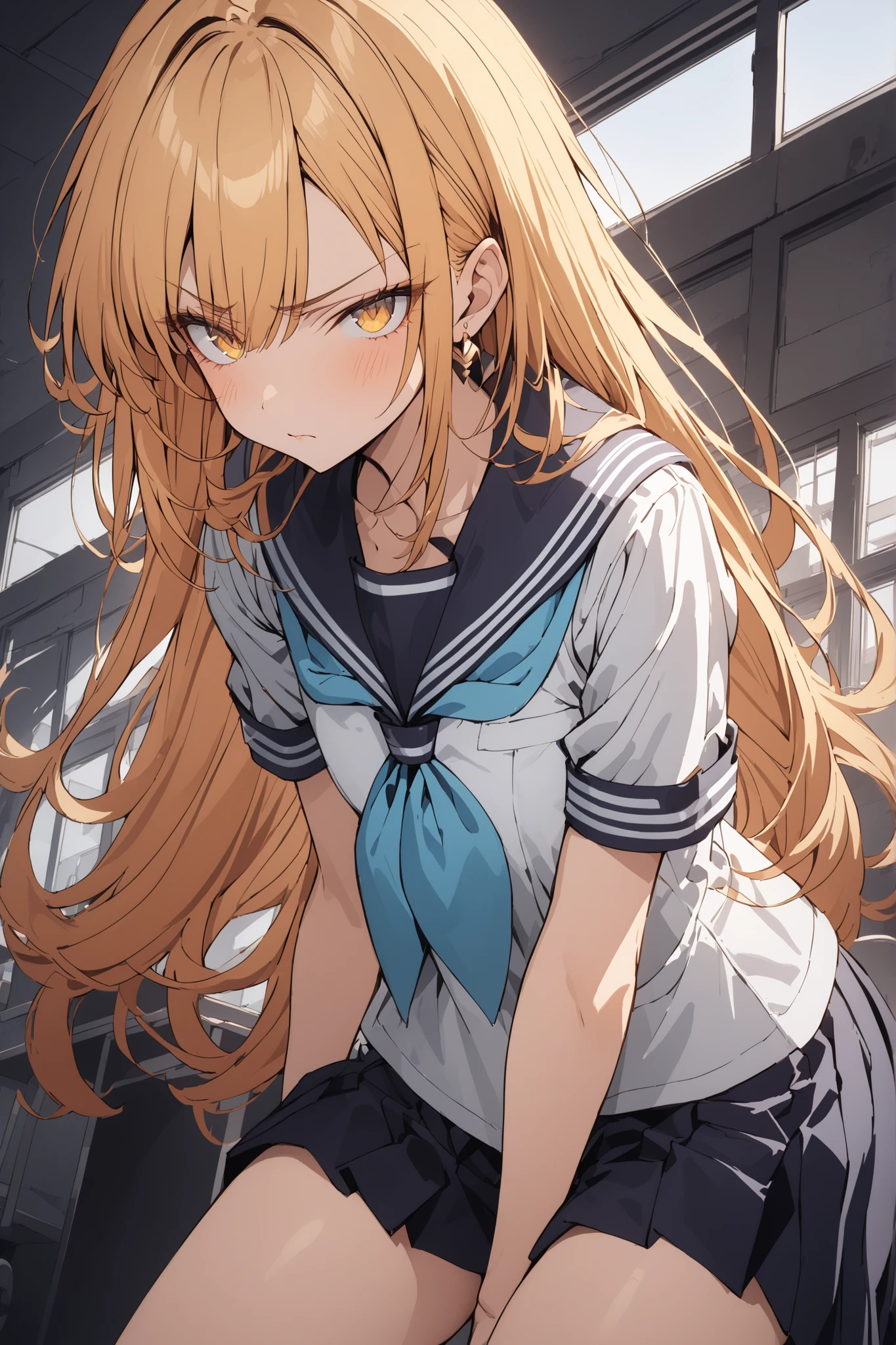 ((Ultimate Masterpiece,top quality:1.2)),(soro),A cool woman with a very slender figure stands at school,(Very thin thighs),cowboy shot with a close cute face,beautiful skin,Very long, straight blonde hair, perfect yellow eyes , tree eyes ,serious expressionless,in a white-based short-sleeved school sailor suit,dark blue pleated skirt,Gold Earrings