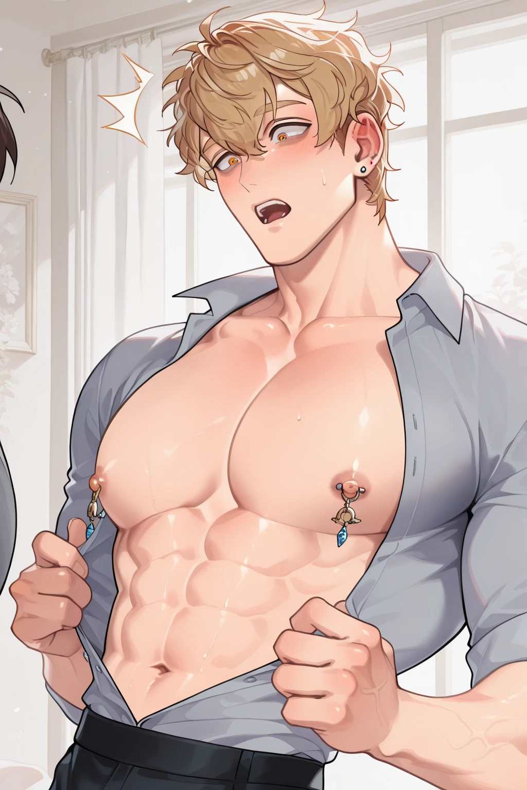 best quality, masterpiece, anime art style, athletic and tall 18 year old boy, freckles, very messy blond hair, big glasses, shy, wearing translucent bikini thong and cropped shirt, collar on the neck, nipple clamps on the nipples, in a dance club with dim lights, hands on his body feeling it, lifts up tshirt, pubic hair, erection, big bulge, penis outline, sexy, gay, homoerotic, perfection, in a park, no watermark, no logo, no signature