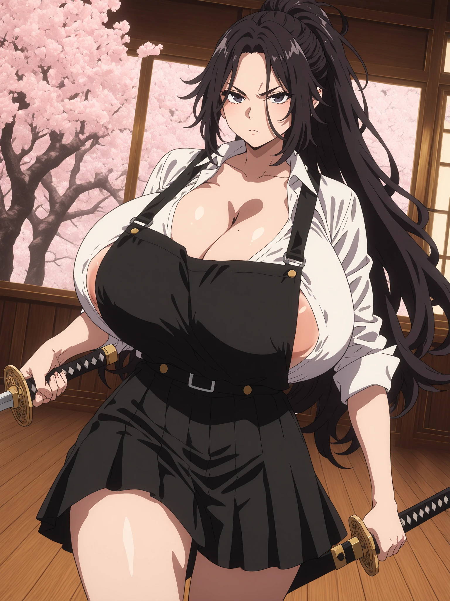 ((masterpiece, best quality, high resolution, UHD, pixel perfect, depth of field, 8k, RTX, HDR))cowboy shot, BREAK, 1girl, single, alone, beautiful anime girl, beautiful art style, anime character, ((style of Akame Ga Kill!)),((long hair, )), (green:1.4, round eyes, beautiful eyelashes, realistic eyes), big chest 1.5, with cleavage, neckline, blushing, wears a miniskirt, shirt, cleavage, BREAK, in pose dynamic, holding a katana with one hand in a old dojo of japan