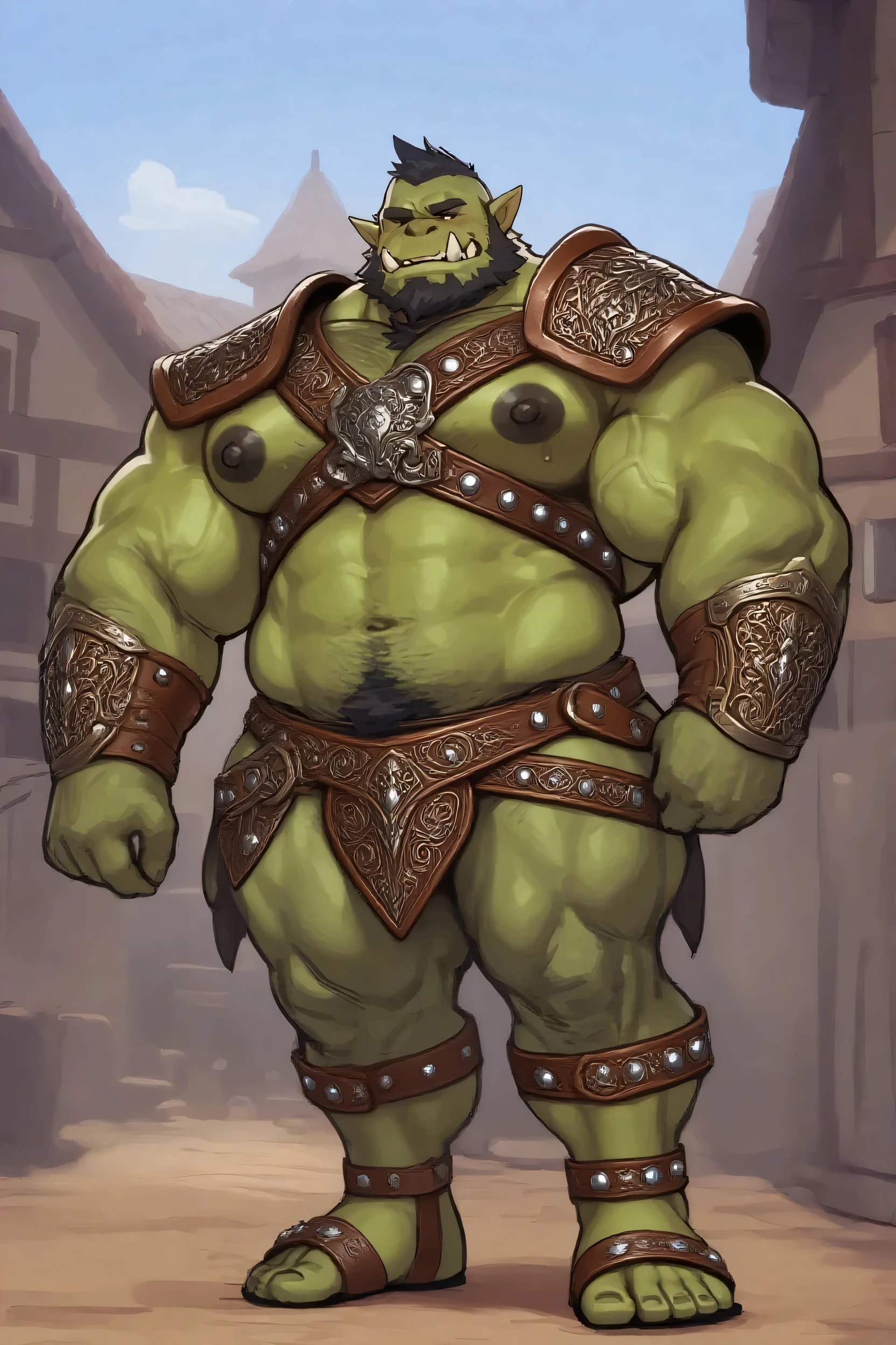 score_9, score_8_up, score_7_up, solo, male focus, chubby male, orc, green skin, tusks, beard, outdoors, micro armor , shoulder armor, breastplate, upper body, closed mouth , night, night sky, standing , boots , shirtless , ( penus ) , (Oversized massive scrotum) , full body , black boots , laying spread legs , low-angle