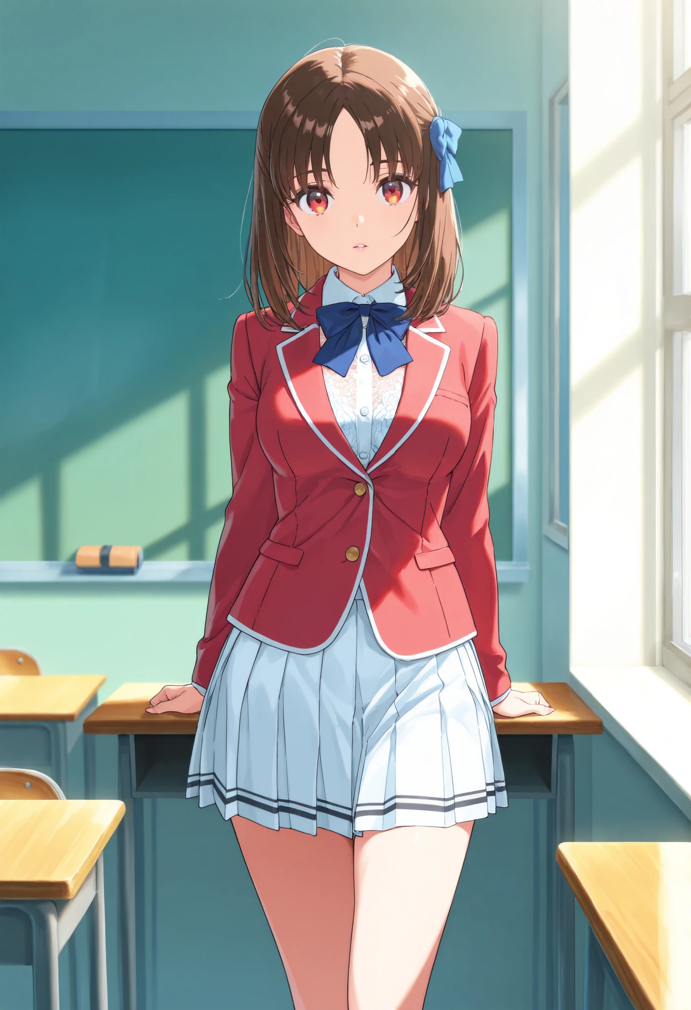 masterpiece, HD, best quality, 1girl, kiyotaka_ayanokouji,  medium hair, hair bow, brown hair, medium breasts , bangs, parted bangs, school uniform, red blazer, blue bowtie , lace blouse, White pleated skirt, thigh ,Glossy lips ,looking at viewer, standing, indoor, Classroom 