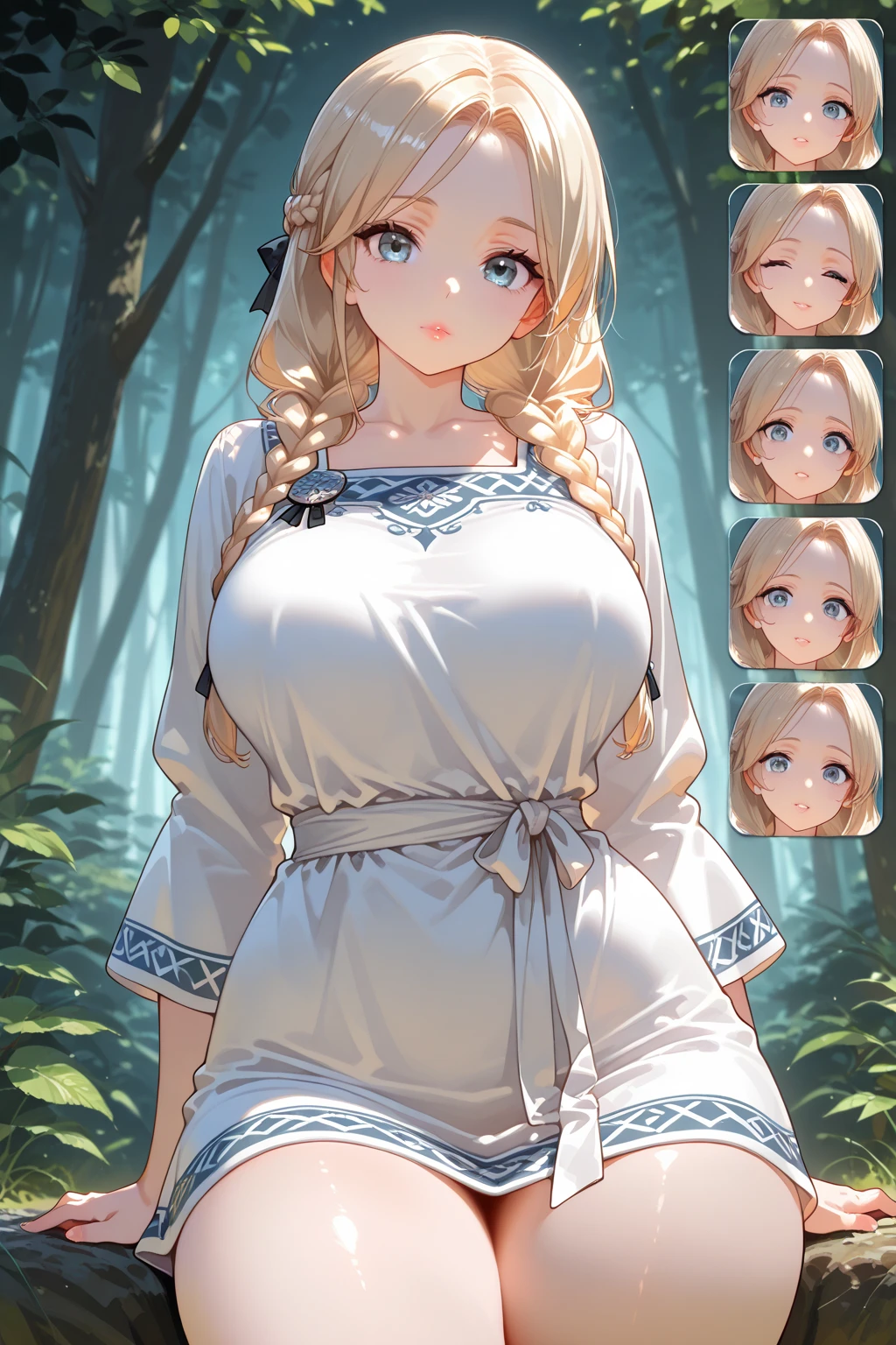 ((best quality)), ((masterpiece)), (detailed), A blonde elf surrondered by an enchanted forest, she a look of helplessness overwhelms her face. A flowy sundress covers her body enhanced by her thighs. Slightly Plump, but a toned stomach, her dress revealing deep cleavage as she leans toward you, pulling her hair back slightly.