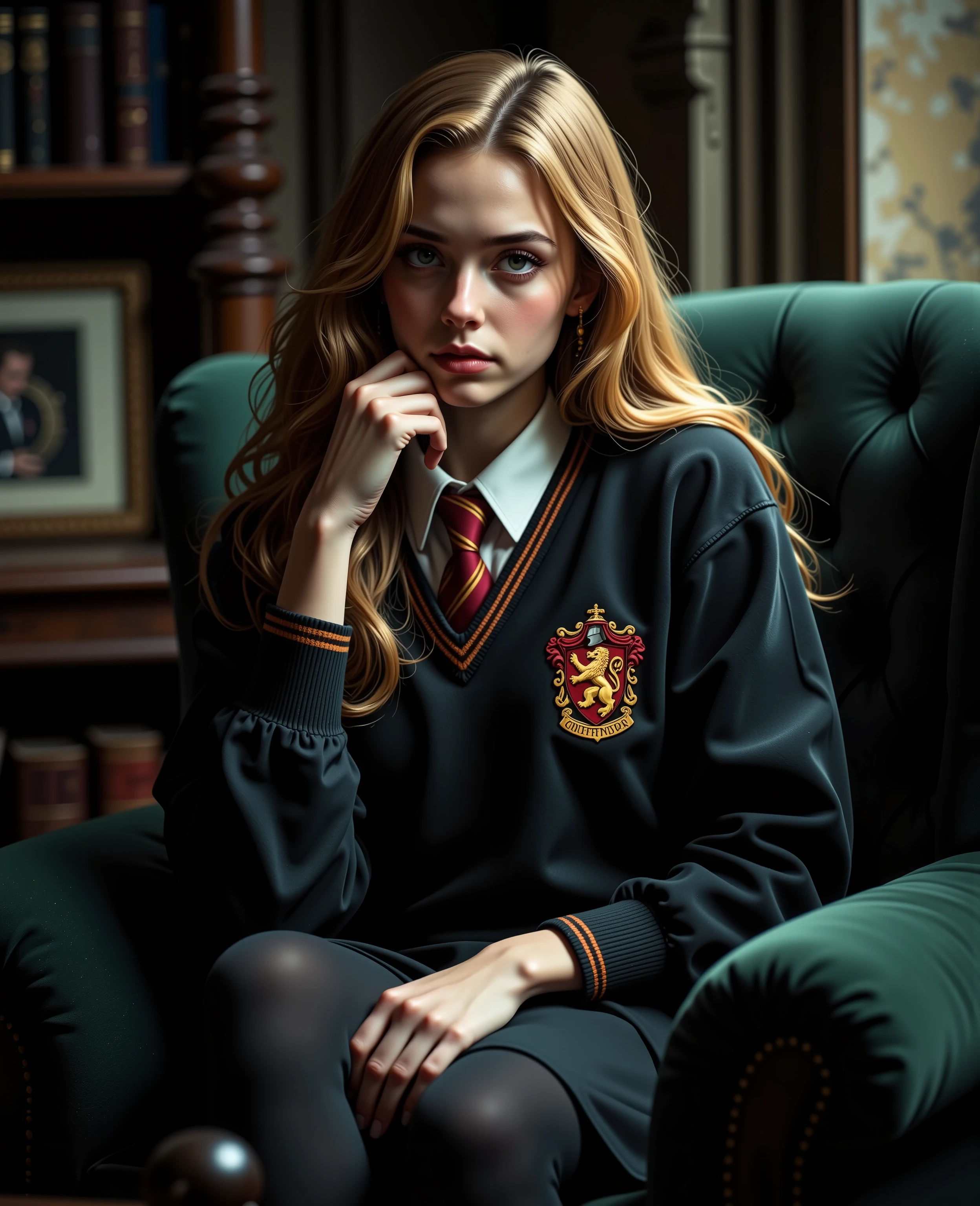gloomy lighting from the right, At night, Hermione Jean Granger sits in a Gryffindor school uniform, pensive facial features, in a magical castle on a dark green sofa, The heraldic animal of Gryffindor is a lion and the colors are scarlet red and gold.