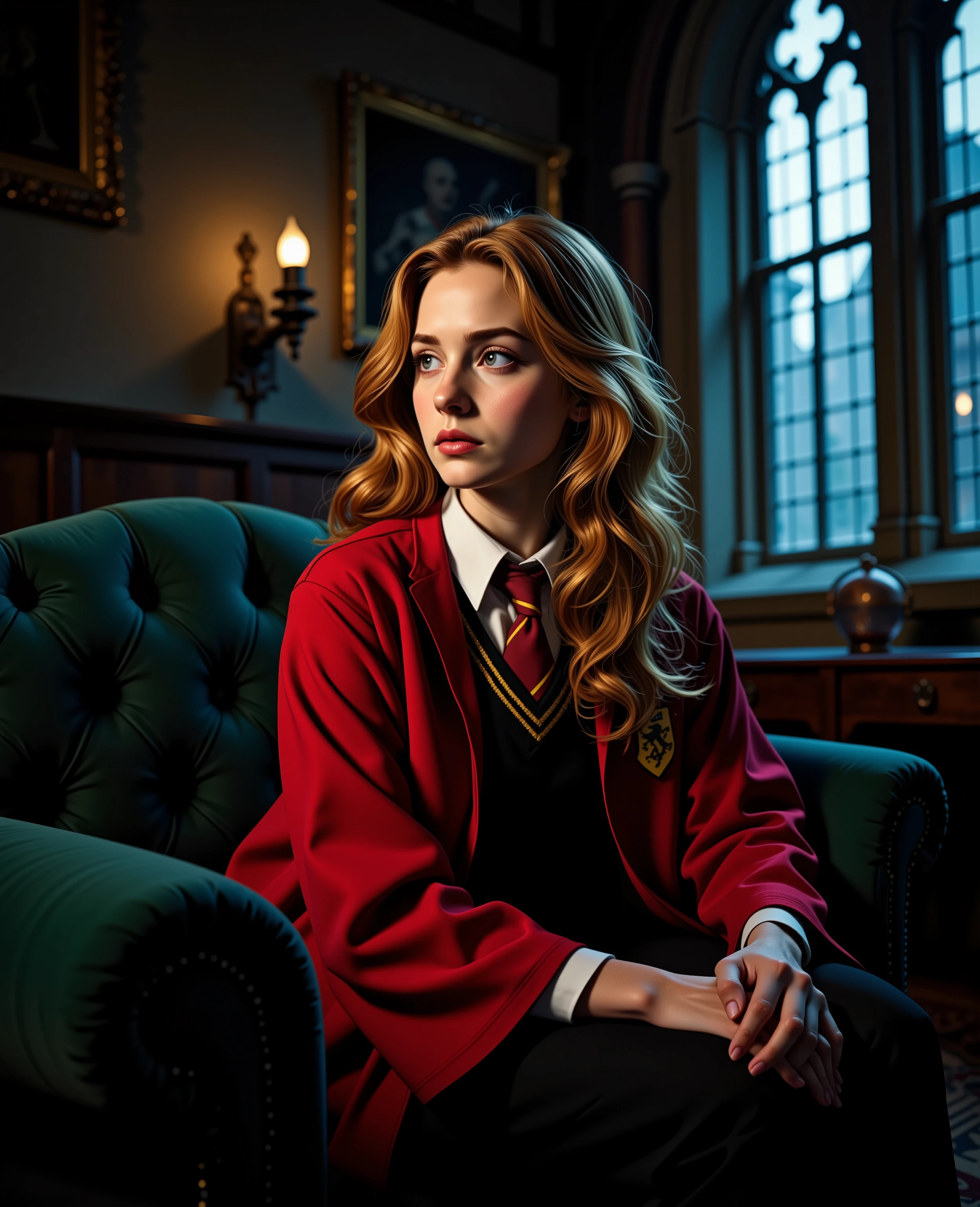 gloomy lighting from the right, At night, Hermione Jean Granger sits in a Gryffindor school uniform, pensive facial features, in a magical castle on a dark green sofa, The heraldic animal of Gryffindor is a lion and the colors are scarlet red and gold.