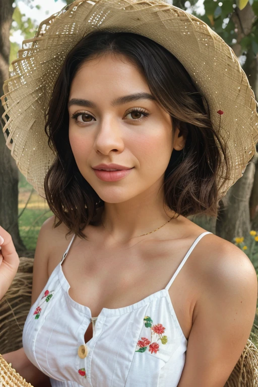((hiperrealista, fotorrealista, 8k, detalhes intrincados)) 1 mulher loira atraente (gostosa), linda camponesa, rainha do campo, deusa dos tomates, senhora de terras, de 20 anos de idade, fleshy lips, coxas grossas, seios grandes e firmes, rosto com pequenas sardas, pele branca sedosa, olhos azuirilho no olhar), cabelo liso, wearing a field hat, denim jumpsuit neckline, is sweaty (rosto molhado) crouching in front of a tomato plantation for a day (morning) ensolarado, next to a tomato plantation picking them while smiling in a pose (mostrando os dentes), (poses variadas), obra-prima, melhor qualidade, ultradetalhada, solo, ao ar livre (matiz quente, tom quente): 1.2), close-up, cinematiclight, soft side lighting, Ultra high resolution, melhor sombra, RAW, parte superior do corpo, colhendo.