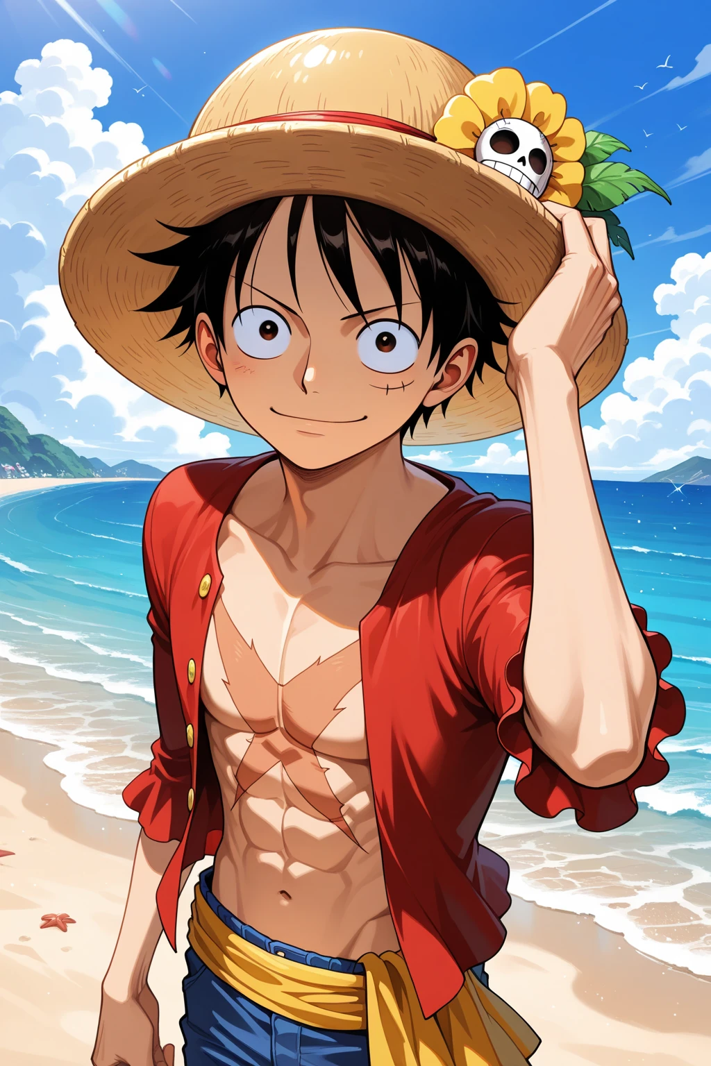 A highly detailed illustration of monkey d luffy, wearing a straw hat, scar under left eye, smiling, teeth, cowboy shot, looking at viewer, black pants, red open shirt, sea in background, red "X" scar on chest