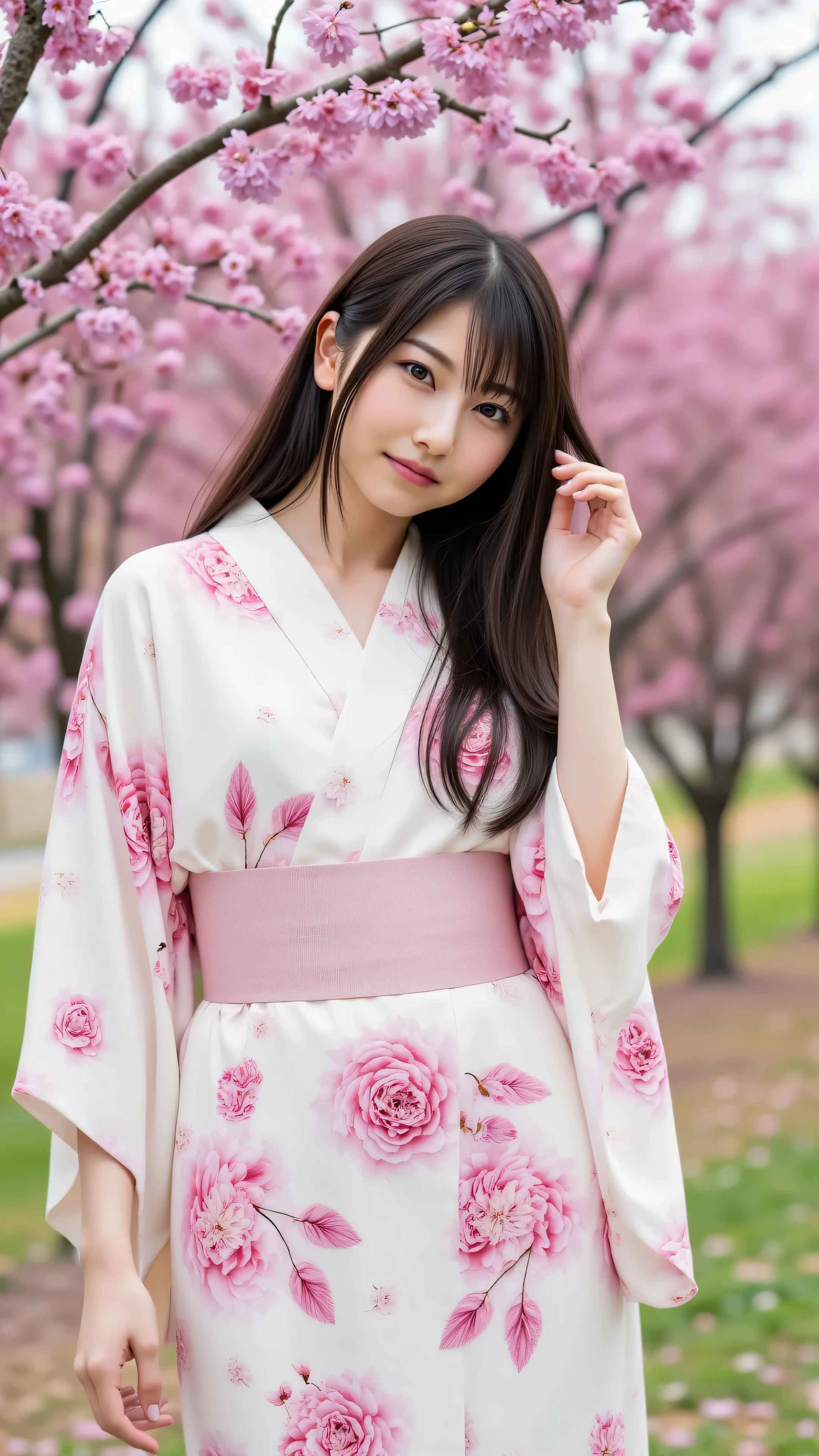 ((( Ultimate Masterpiece)))、(((top quality)))、(((Beauty Painting)))、realistic portrait showing a full body image of a woman、 8k、 Beautiful Woman:20 years old:accurate anatomy、 beautiful face、 beautiful hair、 Beautiful Eyes、 beautiful breasts:F cup、 beautiful body、 beautiful legs、(Beautiful patterned kimono:The shoulders are exposed and the chest is visible、You can see your thighs from the hem of the kimono,Footwear and clogs)、Beautiful cherry blossom trees 、best hair and skin texture、model pose、Realistic 、 natural light、 high resolution images、A woman's whole body is shown、photorealistic、
