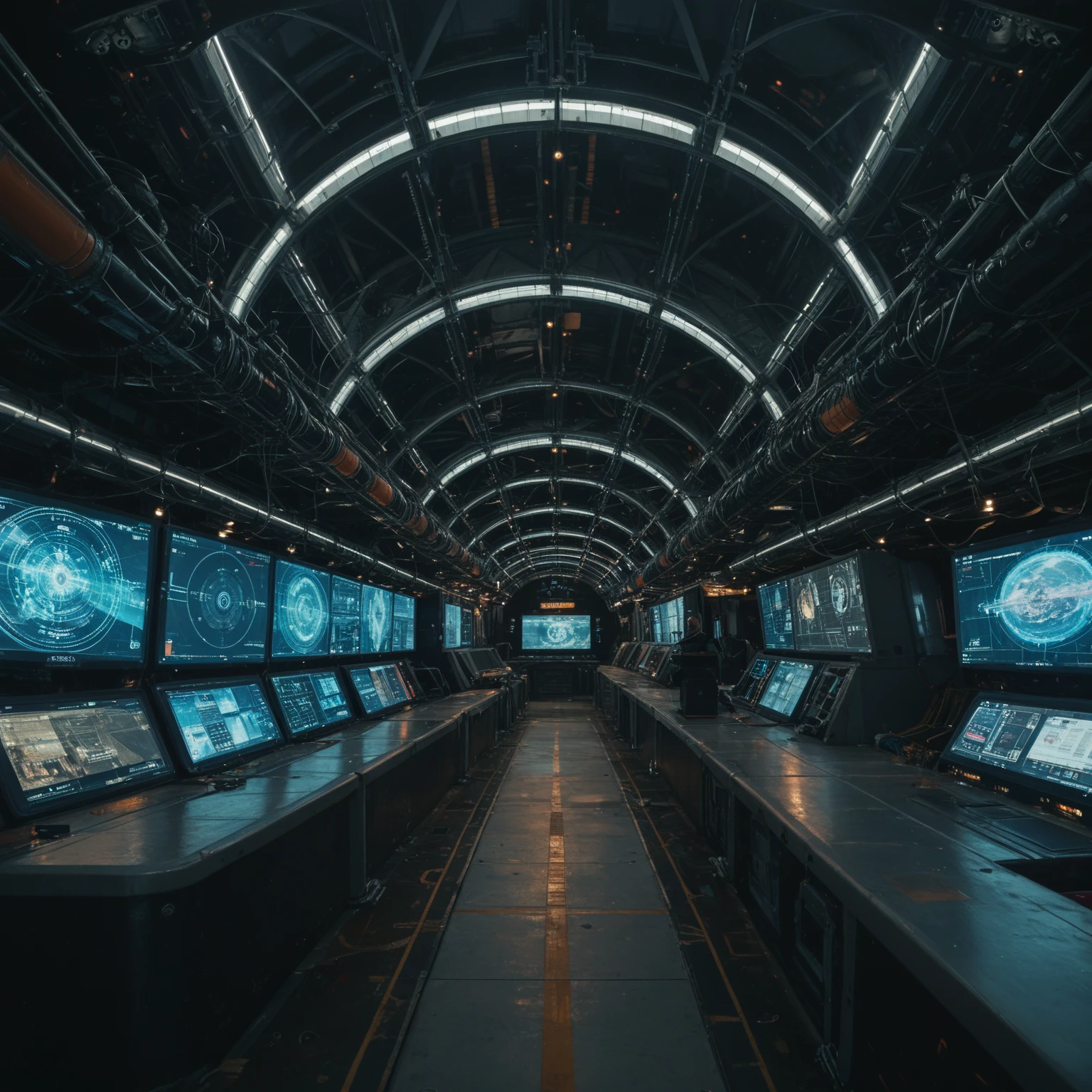 Spacious ship command center, massive curved screens with data - SeaArt AI