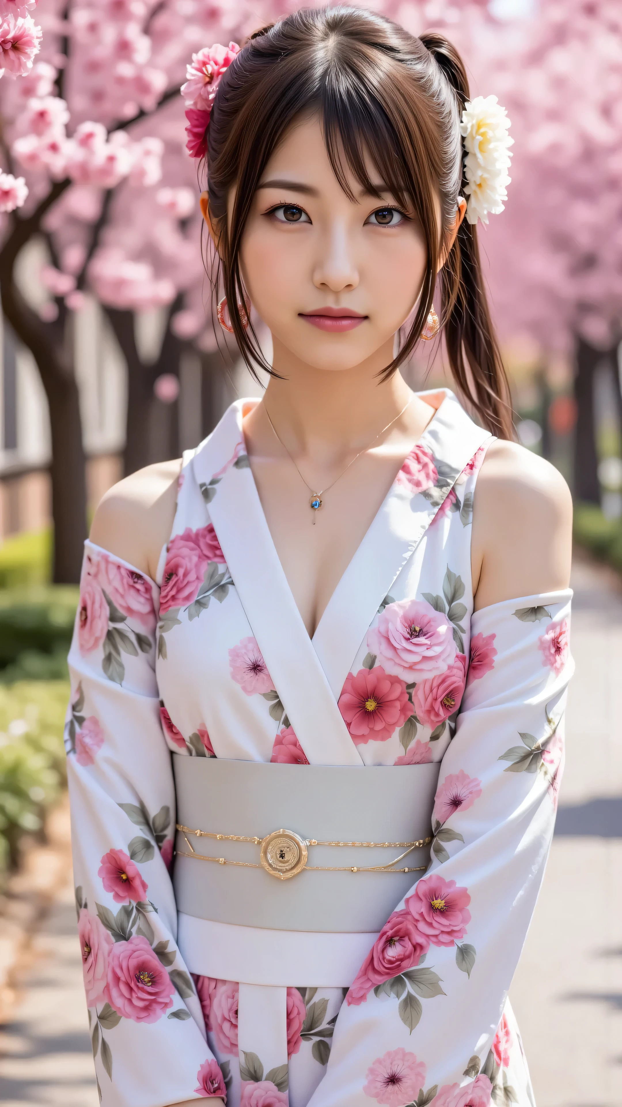 ((( Ultimate Masterpiece)))、(((top quality)))、(((Beauty Painting)))、Realistic Portraits、 8k、 beautiful woman:20 years old:accurate anatomy、 beautiful face、 beautiful hair、 Beautiful Eyes、 beautiful breasts、 beautiful body、 beautiful legs、(wearing a beautiful kimono:The shoulders are exposed and the chest is visible、can see her thighs)、Beautiful cherry blossom trees 、best hair and skin texture、model pose、Realistic 、 natural light、 high resolution images、A woman's whole body is shown from her head to her legs、photorealistic、
