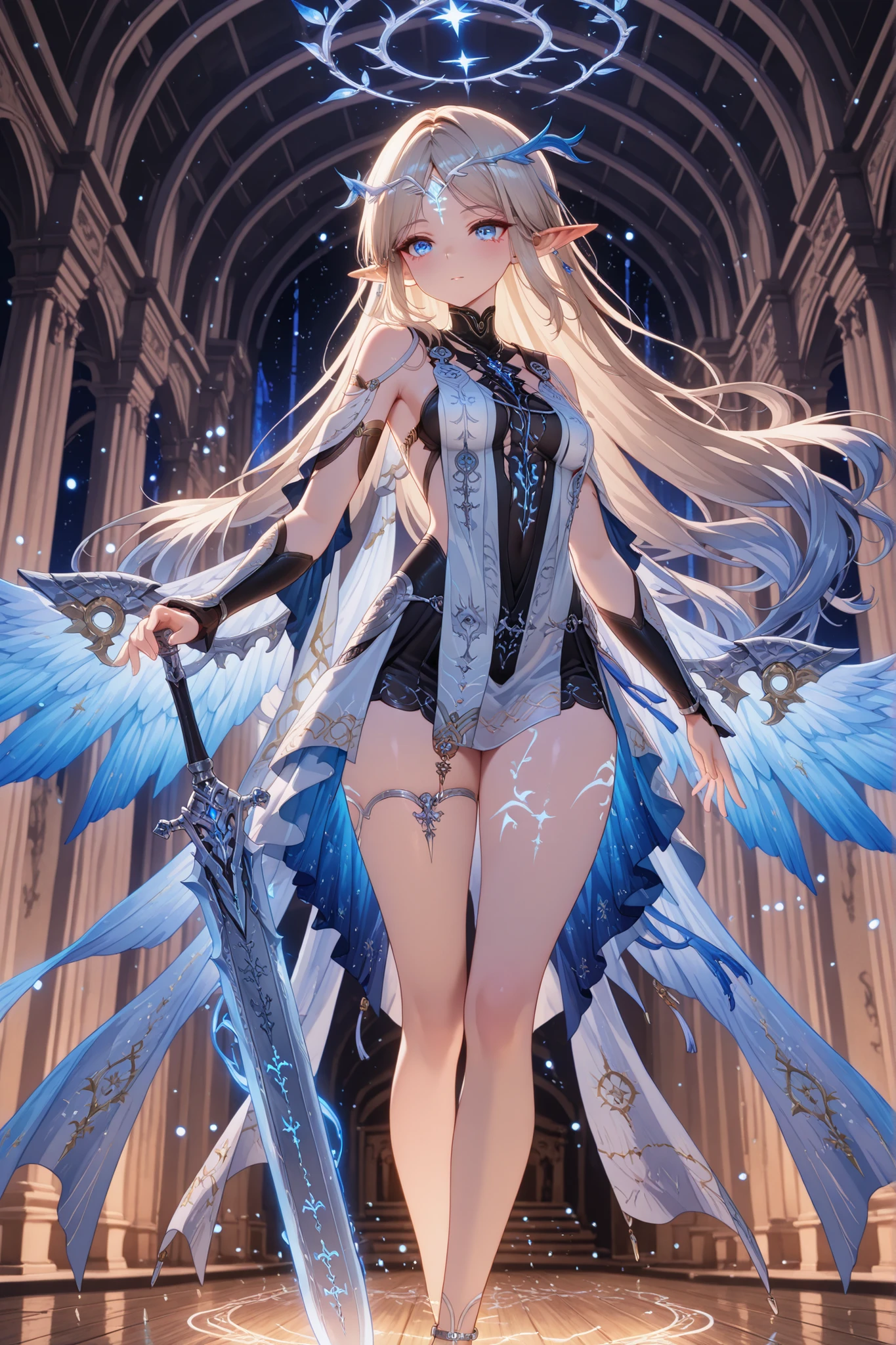 Front Side Angle, (High Fantasy, Ultra Detailed, Masterpiece, Sharp Focus, 8k), {Fleurdelys of Wuthering Waves}:(Elegant celestial empress with long, flowing silver-blonde hair and a golden horn protruding from her forehead, adorned with a crown of glittering crystal horns and intricate blue ornaments, she wears a majestic asymmetrical costume: on one side, a sheer black bodysuit with silver and cobalt accents, on the other, wrapped in translucent blue veils with a starry gradient, reminiscent of the night sky, her long train is decorated with constellations and golden symbols, she has delicate elf ears and ethereal makeup, her arms are protected by ornate silver bracers with wing-like extensions and she wears a single crystal anklet), ((She extends her hand forward materializing her ceremonial sword: elegant design, long, curved blade with a smooth, tapered tip, made of silver metal with edges translucent light blue, glowing runes along the blade, handguard shaped like open wings, hilt wrapped in white and light blue ribbons, gemstone inlaid in the hilt glowing softly, faint air magic swirling around the blade, ethereal wind particles surrounding it)), (the setting is a cool-toned temple with a rounded ceiling, the lighting is natural and very bright)