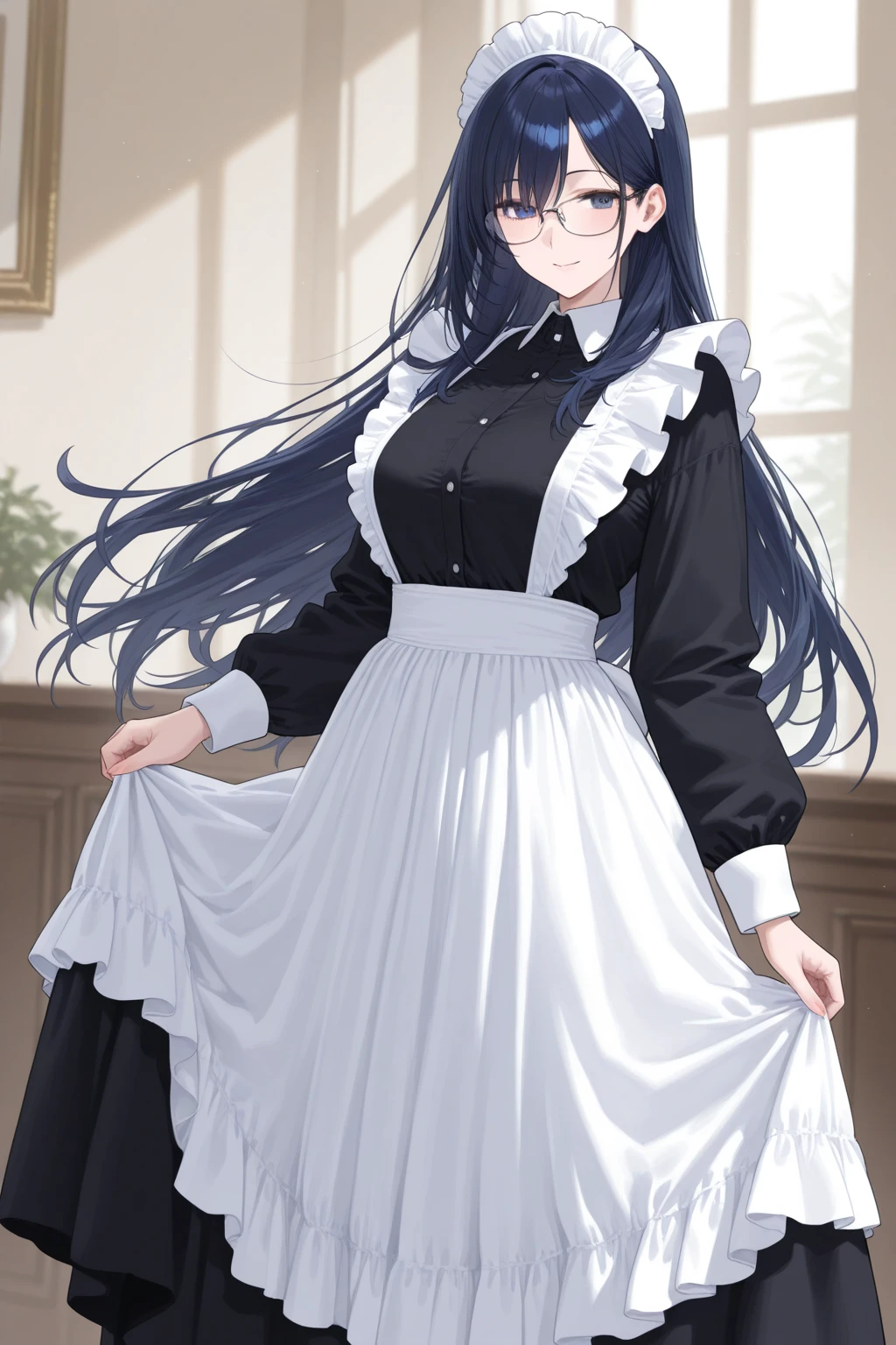 {{masterpiece}},high quality, 4K, 2D, 1 girl,{simple gray background},50 years old,standing,sagging breasts,{{gigantic breasts}},maid,front face,{{tareme}},attractive mature lady,black hair, {from right in front of face and body},View viewers from front,{front facing shot},Wear glasses,mole under eye,(serious:0.1)