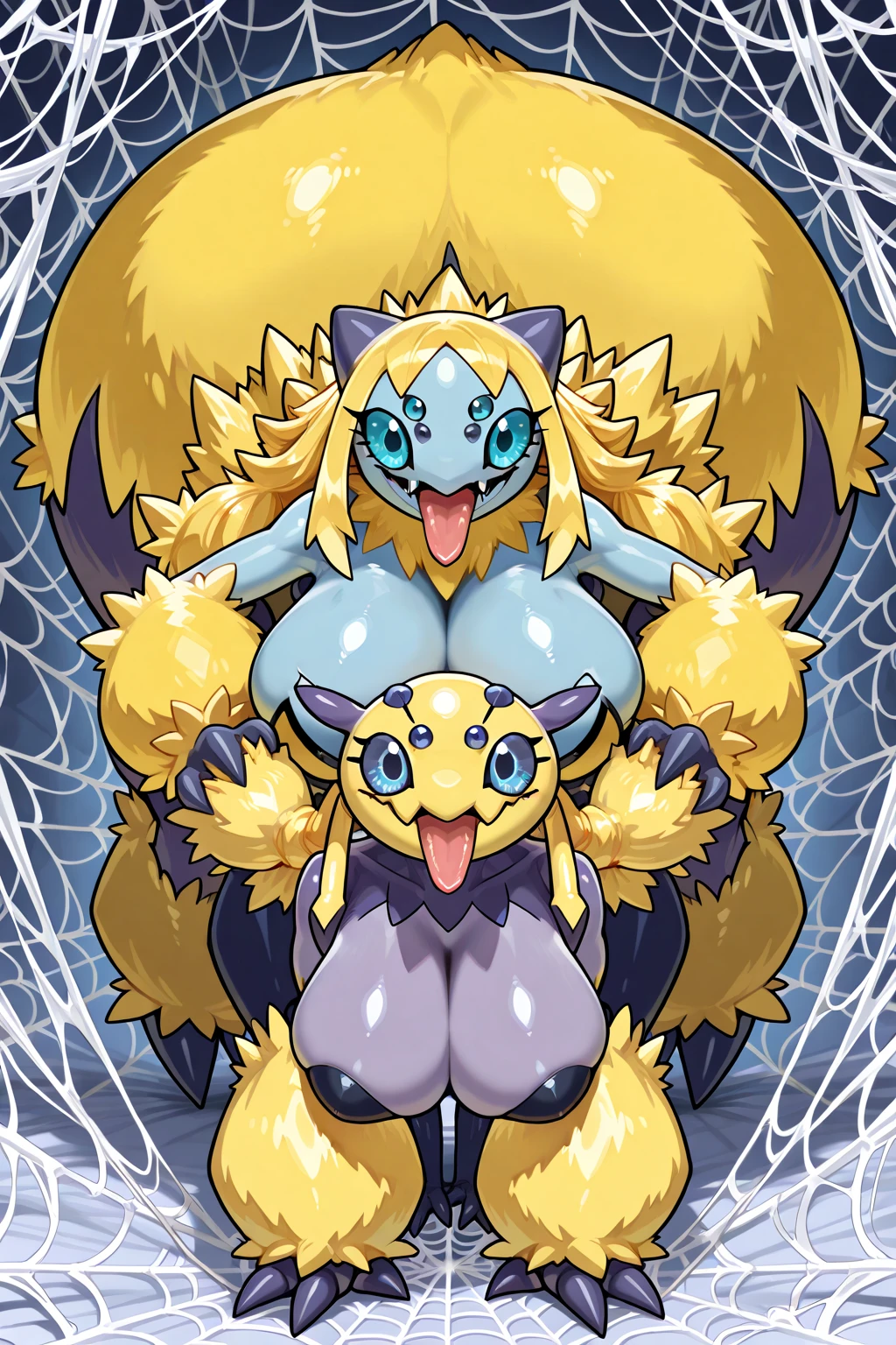 masterpiece, best quality, 1girl, solo, looking at viewer, Enome, blonde hair, length hair, floating hair,large breasts , breasts out, (arms behind back:1.4), hanging,spiders in the web,long spider, Hinata, desperate,struggle, entangled, embarassed face, despair,cocoon, blushing face, fucked by spider, spider touching her,(spider touching her), holding hair, pov spider's leg pulling hair, hair played, hair toying, (spider raises her long hair),