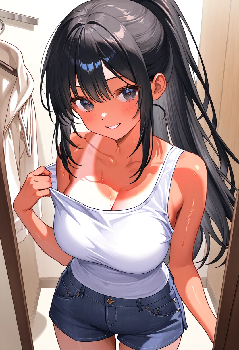 (masterpiece:1.5),(perfect anatomy:1.4),anime character,(bright room:1.1),(vivid color:1.4),(slender:1.4),(brown eyes:1.4),arms behind back,perfect female body,Bright colors,perfect lighting,(light from the front,light shines on your face:1.3),(very accurate details,ultra high resolution,Highly detailed CG) nity 8K wallpaper:1.5),(realistic,Photoreal,超realistic:1.4),(curve,model,Glamour:1.4),beautiful breasts,beautiful detailed shadows,beautiful eyes,beautiful body,beautiful skin,beautiful hands,(Aesthetic Anime Eyes:1.4),shiny hair,(black hair:1.5),(long straight hair:1.5),(smile,blush:1.4),(brown eyes:1.4),