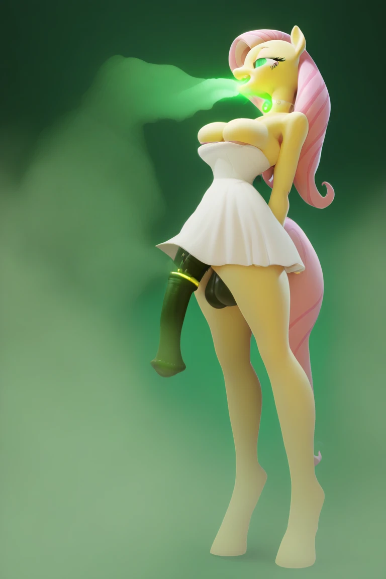 orange hair, green eyes, big butt, pretty and sexy face, pink dress, red panties, upskirt (fart, farting, green yellow gas:1.2), from below, naughty eyes, smiling open mouth, look at camera, in street