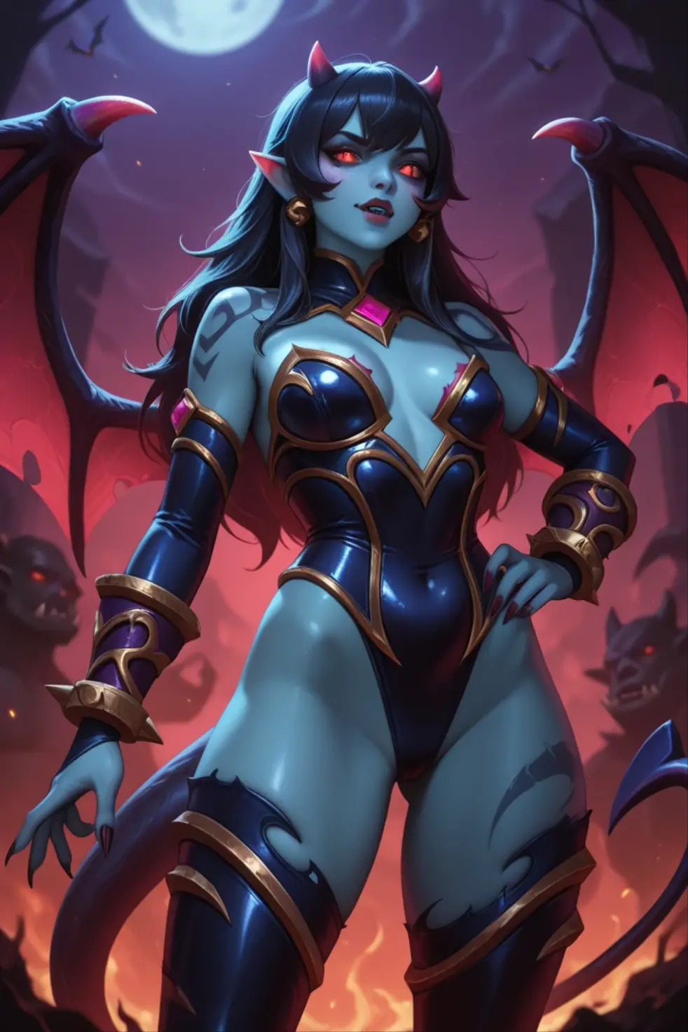 (masterpiece, top quality, best quality, official art, beautiful and aesthetic:1.2), (1girl:1.3), (black hair in big (ponytail)), extremely detailed, portrait, looking at viewer, solo, (full body:0.6), detailed background, close up, (hot medieval church theme:1.1), ((blue Tiefling)), female, horns, tail, wings, long hair, tail, black hair, dragon girl, dragon horns, blood, scales, dragon wings, (((blue skin), colored skin)), extremely busty Tiefling, charlatan, wicked grin, sultry smirk, forked tongue, mysterious, seducing in a cathedral, black ram horns, curled horns, curved horns, demon horns, skimpy leather (sports bra), (((Cathedral exterior background:1.2))), dark mysterious lighting, shadows, magical atmosphere, dutch angle