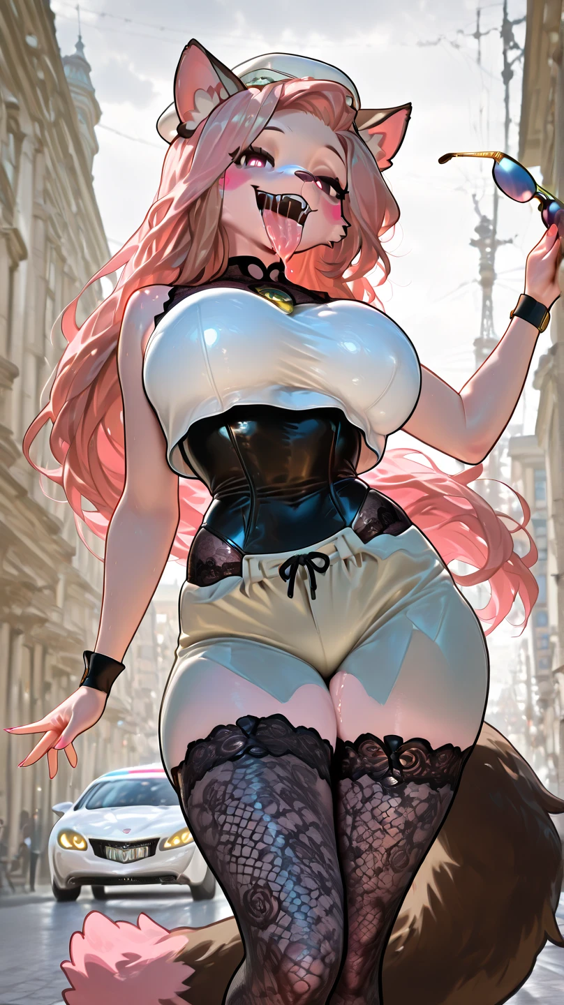 solo, 1girl, 4k, ,Lens flare, pink hair , 4k, 8k, best quality, masterpiece, hyper detailed, intricate detail, 1boy, 1 girl, detailed, Detailed fuchsia hair ++, detailed pink eyes ++, raytracing, scene girl, scene outfit, streaky hair, long hair, twin tails, huge breasts, tattoos, hairclips, scene hairclips, sparkles, twin tails , tiny waist, tiny waist, bimbo, evil smirk, thighs, panties, perfect hands, perfect fingers, leopard print panties, horns