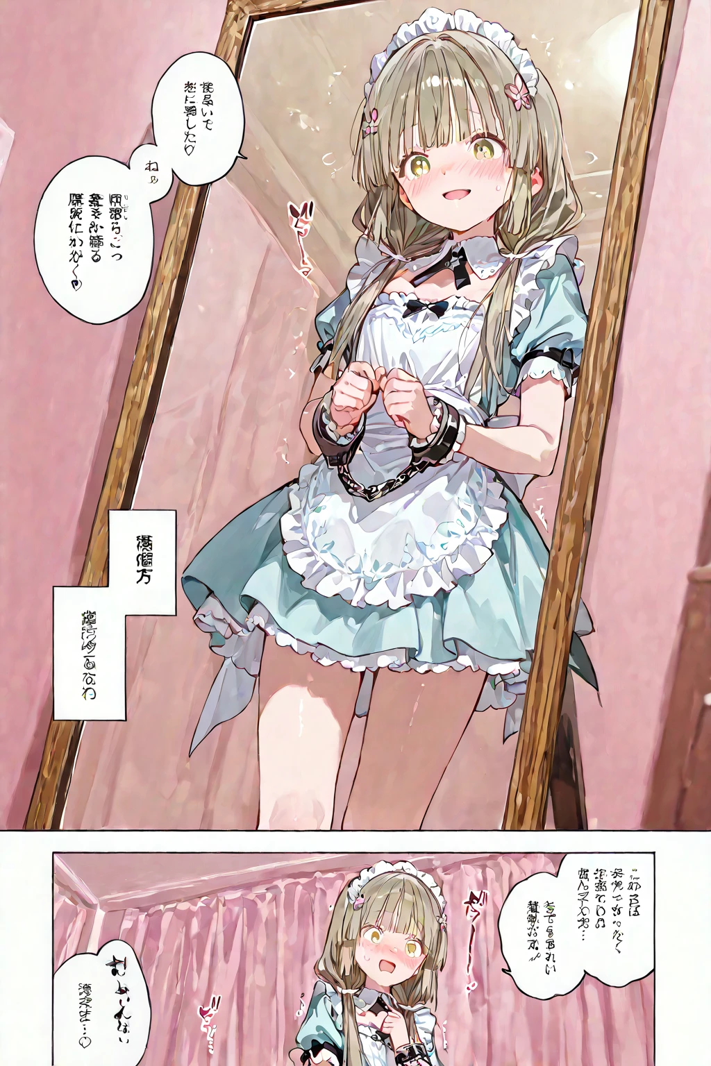 masterpiece, highest quality, Very detailed, Girls facing each other,Twin tails, Pink Hair, hair ornaments,Hair Bobble, blue eyes,indoor,(Bikini or nude:1.4),(Full body portrait:1.1),(Squatting to pee:1.1),(Open the vagina:0),(Embarrassing:1.3),(Cleansing the open vagina:1.6),(Help speech bubble:1.4),(Rope Bondage),(exposing anus, Several thick, erect penises are inserted into the anus:1),(Blonde),(very large breasts:-1.4),(Pregnant girl:1.1)