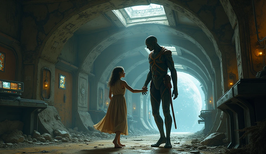 A dancer next to a wooden soldier inside a sewer