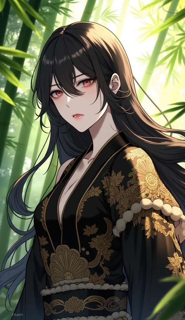 (mature female:1.4), (masterpiece, best quality:1.2), (highres), selvaria, japanese clothes, black kimono, upper body, looking at viewer, smirk, simple black background