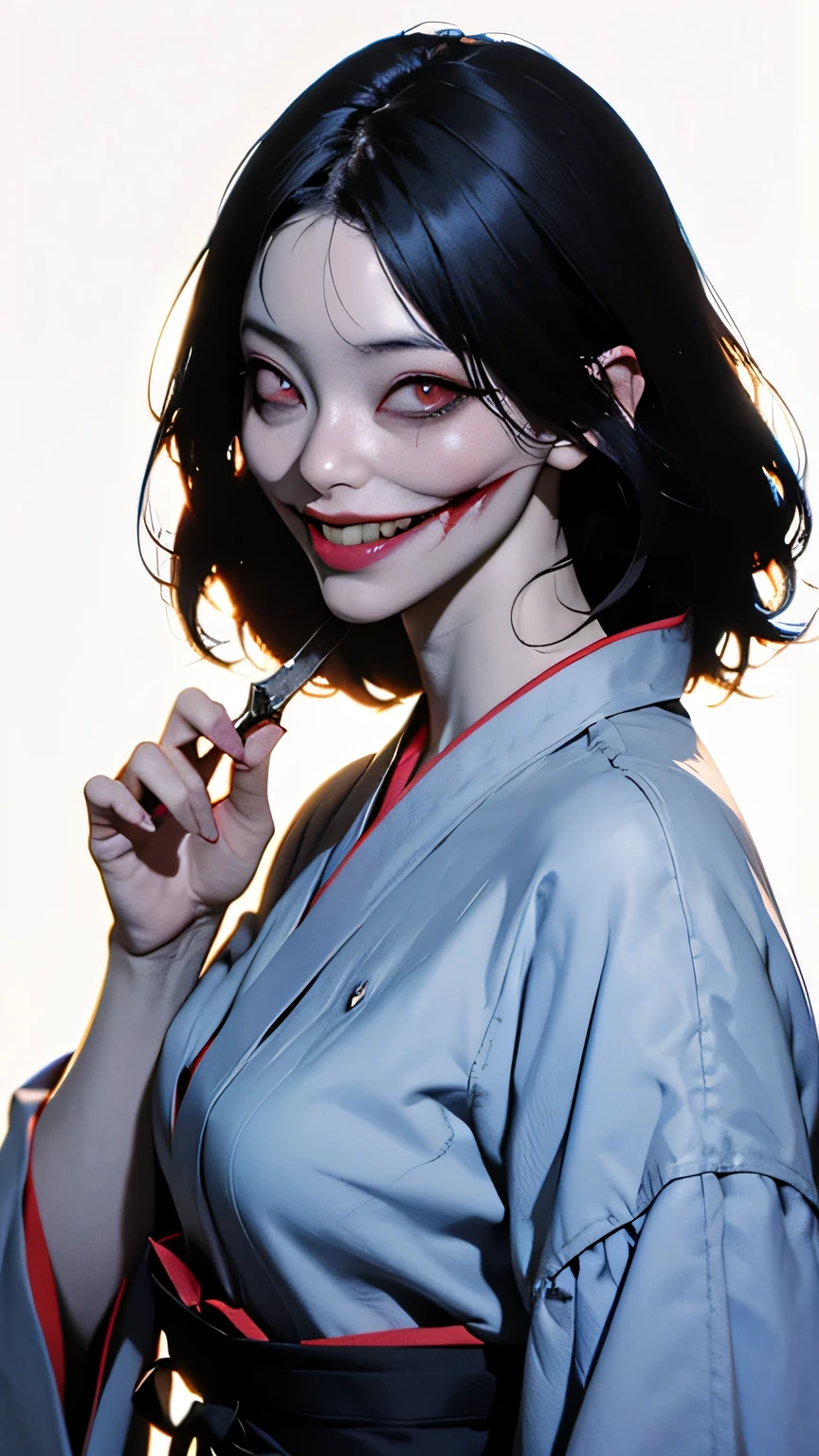 Kuchisake Onna in dark night alley street holding pair of scissors with blood. Wearing Black Kimono. (waist up), High Resolution, Backlighting, Ukiyo-e, Accurate, High Details, UHD, Textured Skin, Black Hair, Bangs, Bob Cut, Evil Smile, Evil, Devil eyes,Eye-Level Shot, Realism,