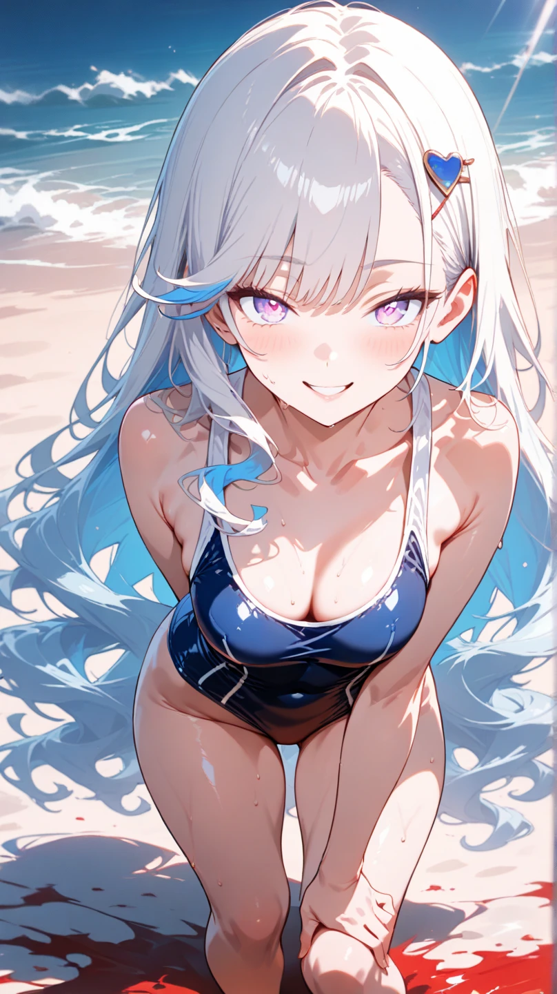 best qualtiy, tmasterpiece, 超高分辨率, realisticlying, 2 girls,(long white hair),Heterochromic pupils,(ssmile)(sandbeach),Dance,(bathing suit),Dolphins,parks,wide angles
