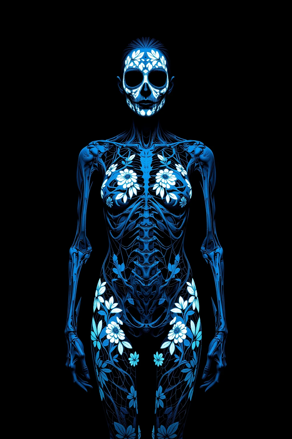 photoillustration of double exposure of merged two different tones, half lady vertical cut, half  grey skeleton-spirit vertical cut, (transparency effect 0.25), symmetrical sagital cut ((vertical half cut 1.5))seamless mix-merged, twenty degrees side view pose, texture and pattern, ((transparency effect 0.35)), iconic standing-pose stance, (torn dress 1.5) wrapped around blue-smoke, dramatic shadows, dramatic lights, interlacing elements, fantasy art, two tones, opposite-opponent digital manipulated photo art, hyper-realistic, ultra-detailed, crisp clarity, high-contrast, overexposure, luminous ambiance, rich textures, intricate patterns, vivid colors, cinematic lighting, photorealistic, accurate anatomical proportions.