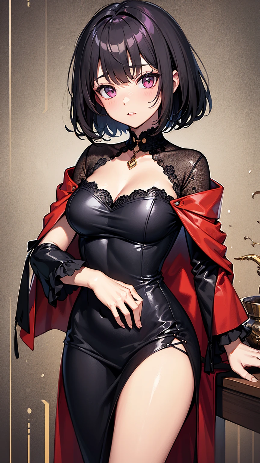 Cute girl, short curly brown hair, black eyes, long eyelashes, necklace, big breasts, exposed belly, very short red skirt, sexy