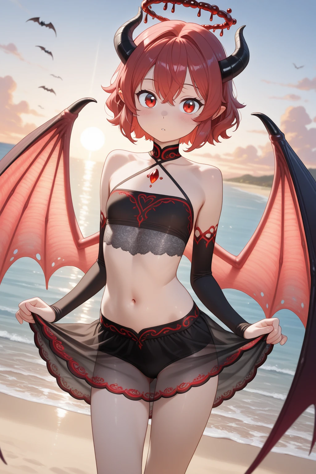 1boy, cute femboy, highres, detailled eyes, beautiful face, cute, crossdresser, femboy, yellow hair, hair bang, straight hair bang yellow eyes, kitsune, fox ears, fox tails, demon, demon wings, succubus, succubus wings, morrigan's wings, short bikini top, flat chest, black bikini top, latex bikini top, skirt, plissed skirt, short skirt, black skirt, latex skirt, penis bulge under skirt