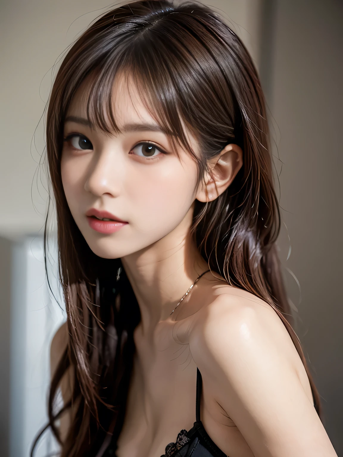 realistic, lip gloss, realistic, highest quality, ultra high resolution, depth, pastel colour, natural shading, focus on face, just the face, looking at the viewer, long hair, black hair, brown, fine eyes, black dress, gloves, anatomically correct