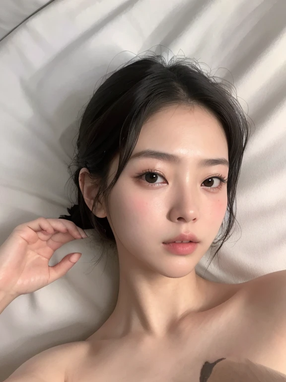 ((Top quality, 8k, Masterpiece: 1.3)), beauty, hidden face, 1 girl, beauty: 1.3, slender abs: 1.1, double ponytail, (sitting on bed), ultra-detailed face, highly detailed lips, detailed eyes, double eyelids, exposed cleavage, naked portrait, nude photography, show armpit, shiny nipples, face looks like it's climax