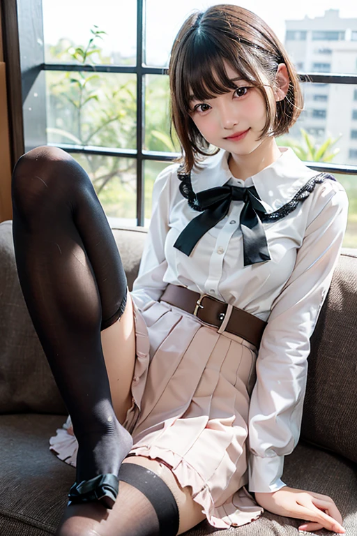 Araffe Japanese model, head tilted, smiling, blouse with ribbon, skirt with slits, visible navel, small waist, wide thighs, large thigh opening, one thigh raised, legs apart, sitting on chair in coffee, high detail, 8k, super detail, highres, best quality, high quality, high details, textured leather, masterpiece