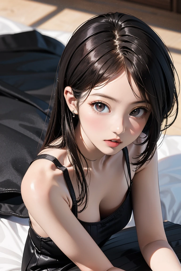 (45year old,Red lips、hime_cut)、 absurderes、Flat Lighting、realisticlying、ultra-detailliert、bright colour、beautiful detailed eyes、perfect eyes、detailed hair、1 woman、(black hair、jet black eyes)、Delicate beautiful face,Satin Pencil Dress、Cleavage emphasis,Blushing,A sexy,Bed sit,separated-lips wide、 dramatic angle
