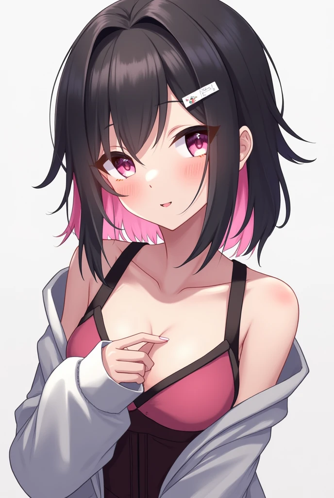 face focus, 1girl, solo, teen, (black hair), (inner purple hair), straight hair, bob cut, short hair, assymmetrical sidelocks, bang pinned back, hairclip, brown eyes, red eyeliner, small breasts, red sports bra, tank top, cleavage, sleeveless, bare shoulders, ((shorts)), sportswear, navel, abs, leggings, (leggings inside shorts), (jacket, open jacket), inexpressive, neutral, looking at viewer, (arms behind back) (face only, close-up), white background, transparent background, masterpiece, best quality, 4k