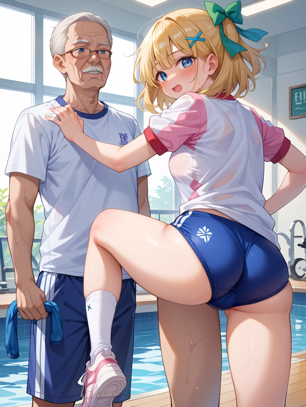 1girl, sexy horny 8yearold blonde slut is wearing a crop_top and a lewd miniskirt and is secretly kissing and having sex with her uncle at a crowded family bbq. 1 old man. old dick.