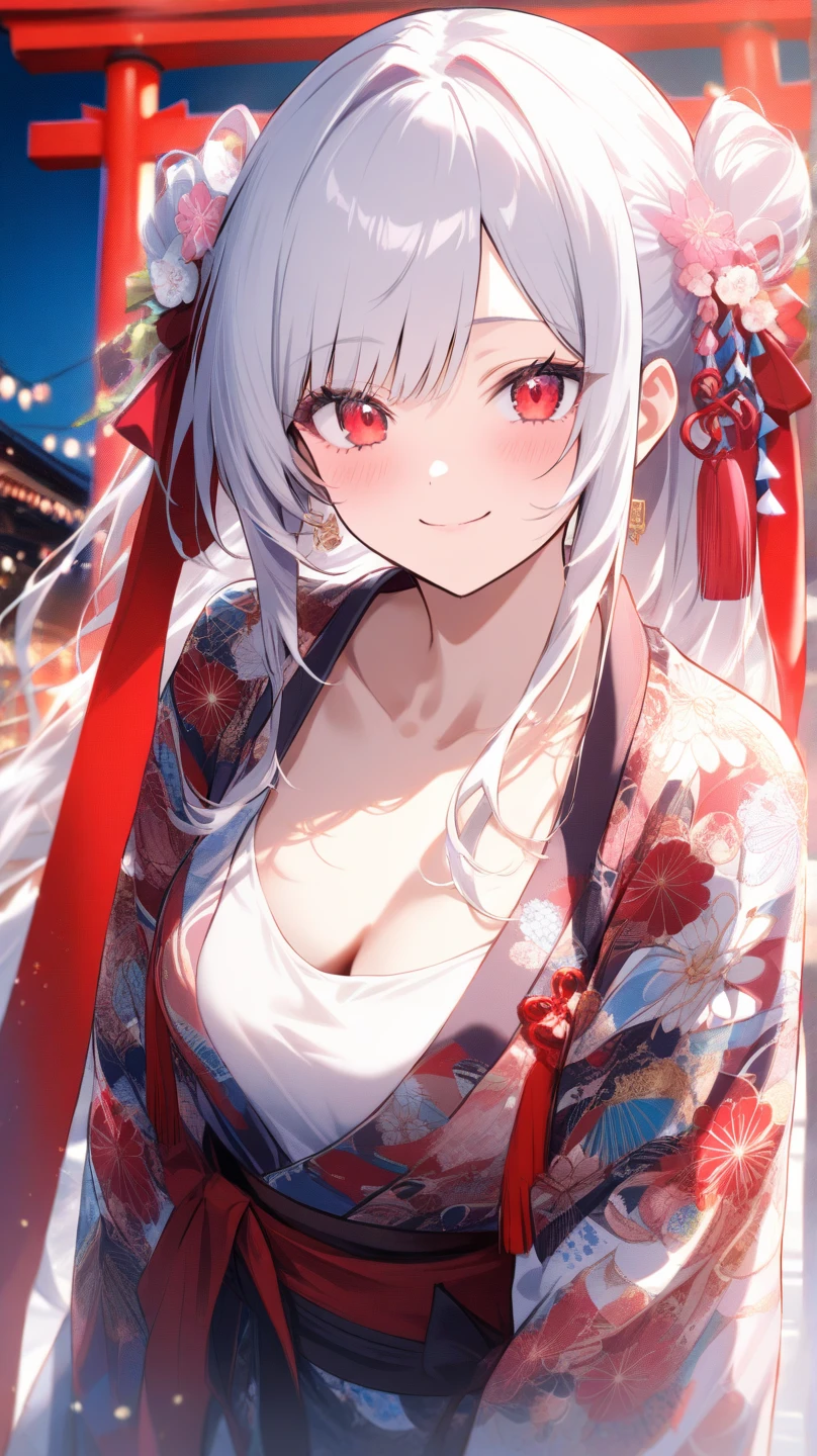 (2filles, cheveux longs élégants, Couleur, Yeux détaillés, Pupilles étincelantes, en forme d&#39;étoile chez les pupilles, âge des étudiants fille), E-brest, clivage, dans un festival de Noël, Kimono fleuri, Souriant, bouche ouverte, Abus d’éruption de lentille, aberration chromatique, détail élevé, Anime, sur l’art, profondeur de champ, Flou de mouvement, Lumière rougeoyante, grain du film, UHD, rétine, précis, Chef-dœudansre, anatomiquement correct, peau texturée, Super détail, high détails, de la haute qualité, Primé, meilleur qualité, Haute résolution, 16k
