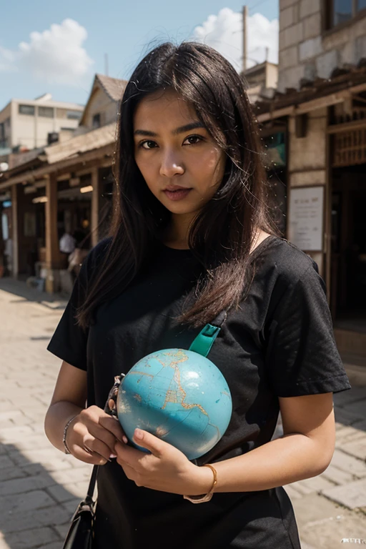 Backside European girl with white skin With her shoulder-length curly hair dyed black hair slightly yellowish, With a light blue small Sleeved with a velvety surface backpack and a light blue short sleeved t-shirt and jeans all over legs and white shoes walking around far from Borobudur tample